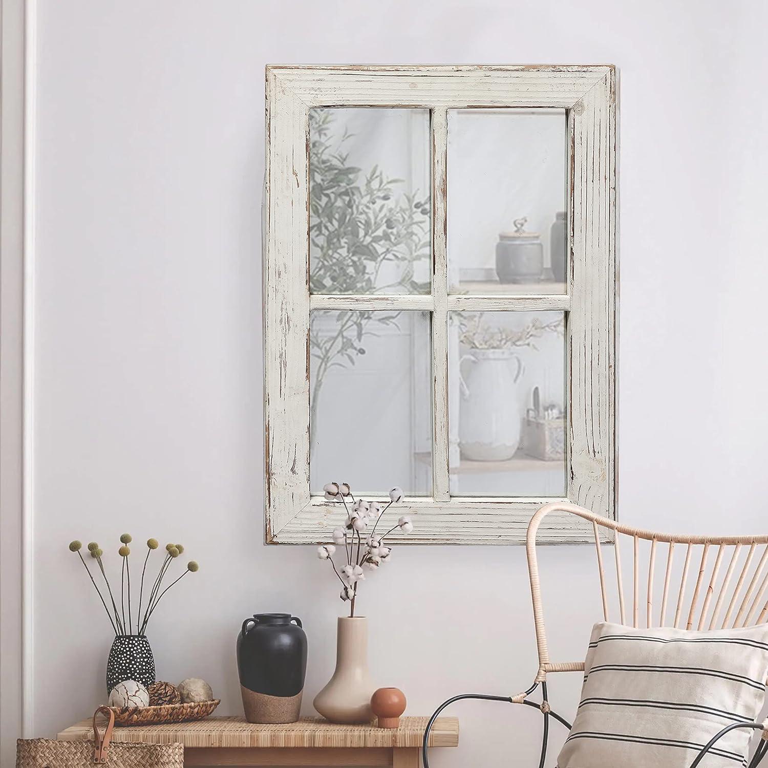 Rustic Window Pane Mirror Wall Decor 11" x 16", Hanging Distressed White Farmhouse Window Frame Mirror Home Decor, Wood Decorative Bedroom Mirror for Wall Living Room