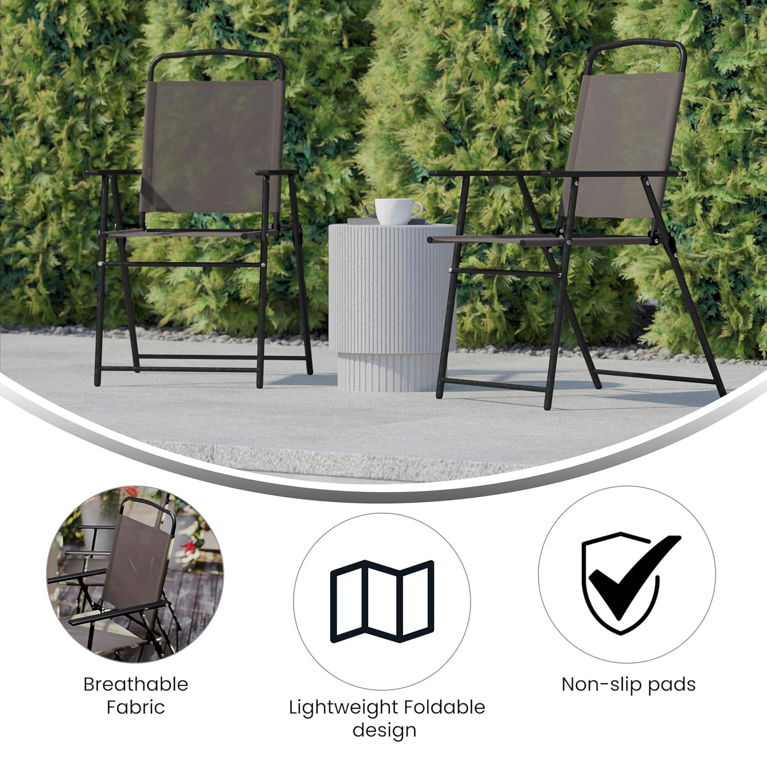 Flash Furniture Set of 2 Mystic Folding Patio Sling Chairs, Outdoor Textilene Lawn Chairs with Armrests in Brown