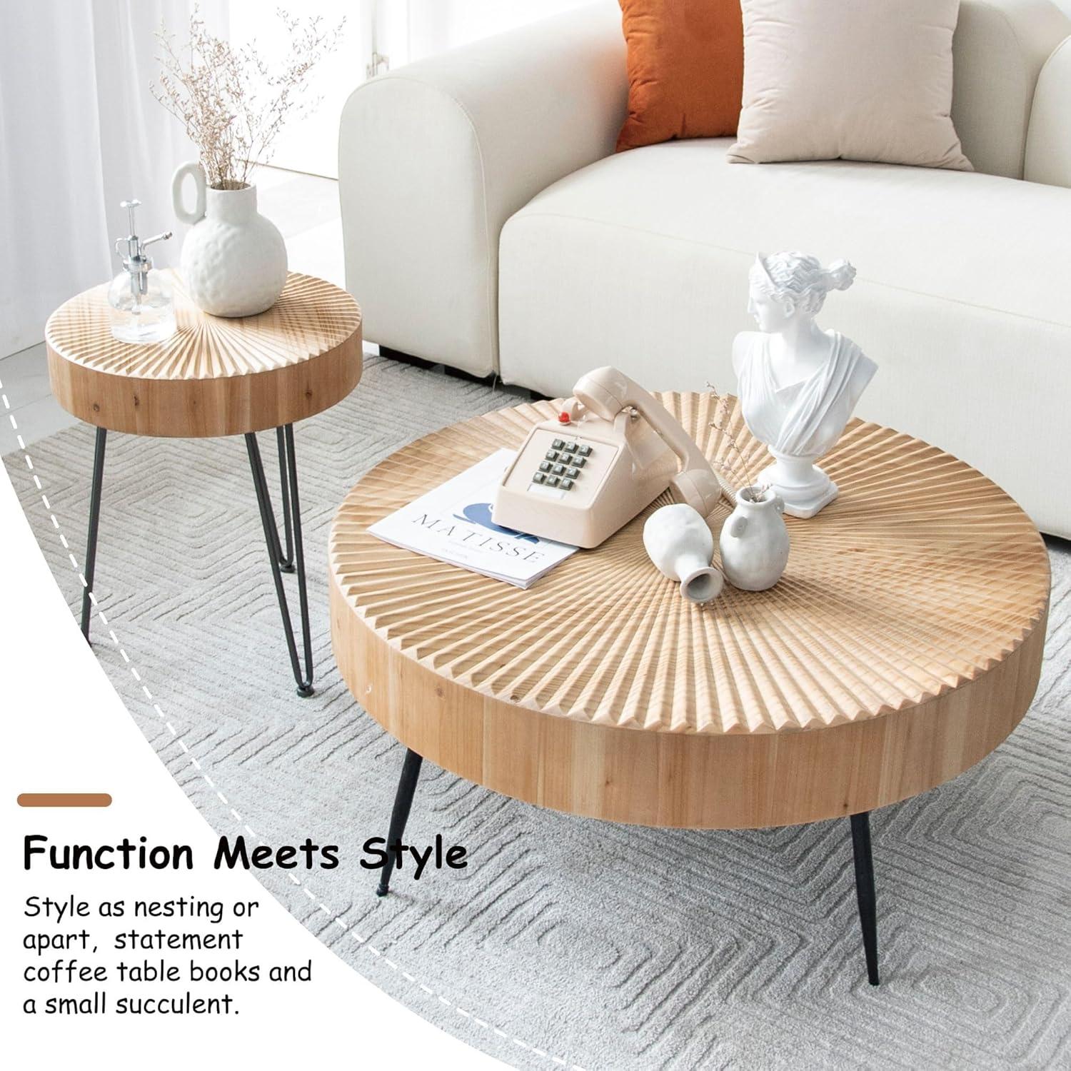COZAYH 2-Piece Modern Farmhouse Living Room Coffee Table Set, Nesting Table Round Natural Finish with Handcrafted Wood, Radial Pattern