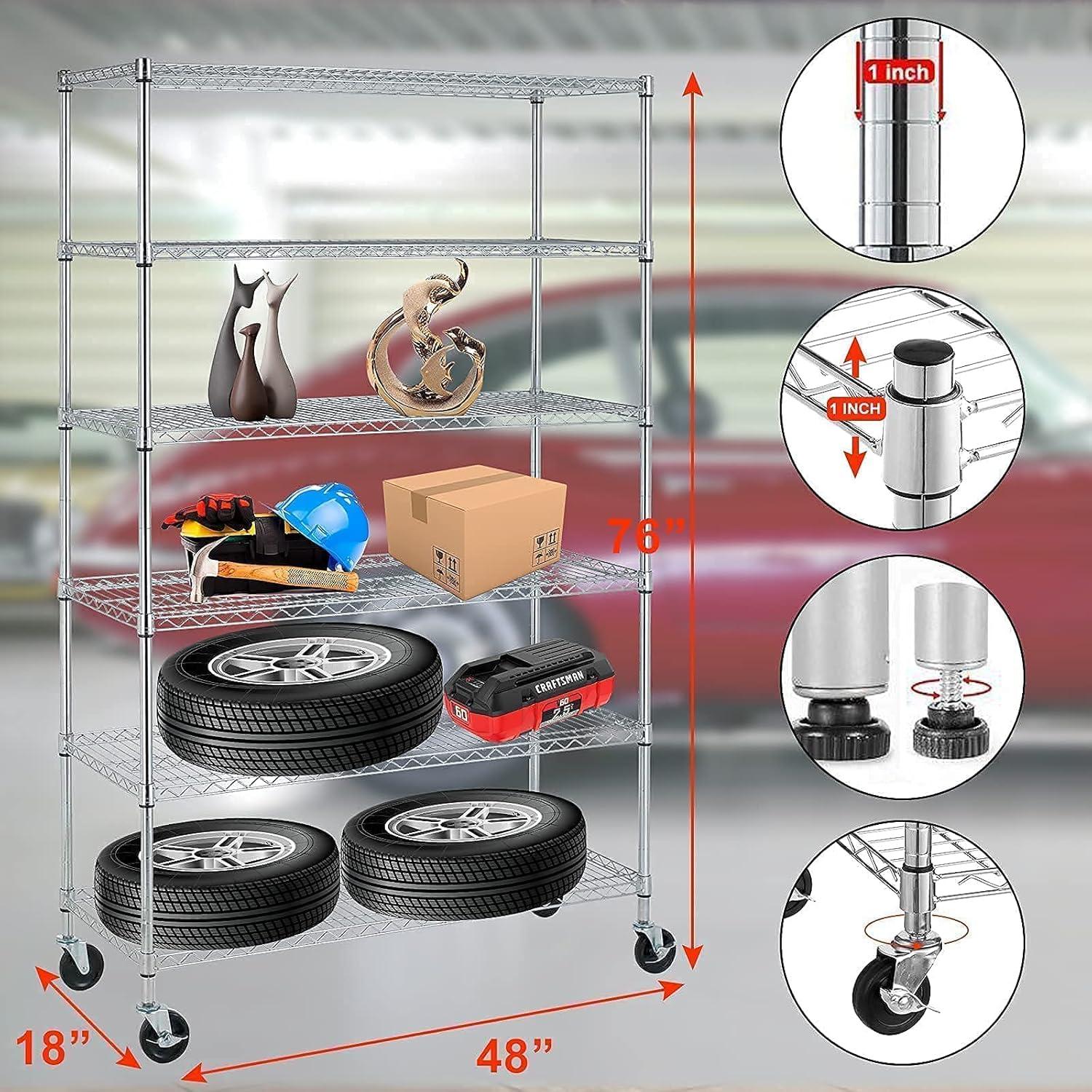 Chrome Heavy Duty Adjustable 6-Tier Metal Storage Rack with Wheels