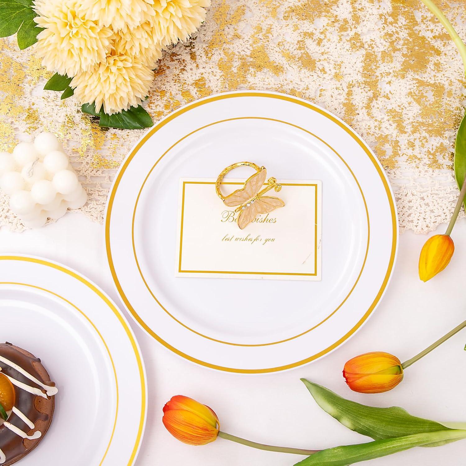 I00000 60pcs Plastic Gold Plates,10.25 inch Gold Rimmed Dinner Plates, White Disposable Plates, Parties or Wedding