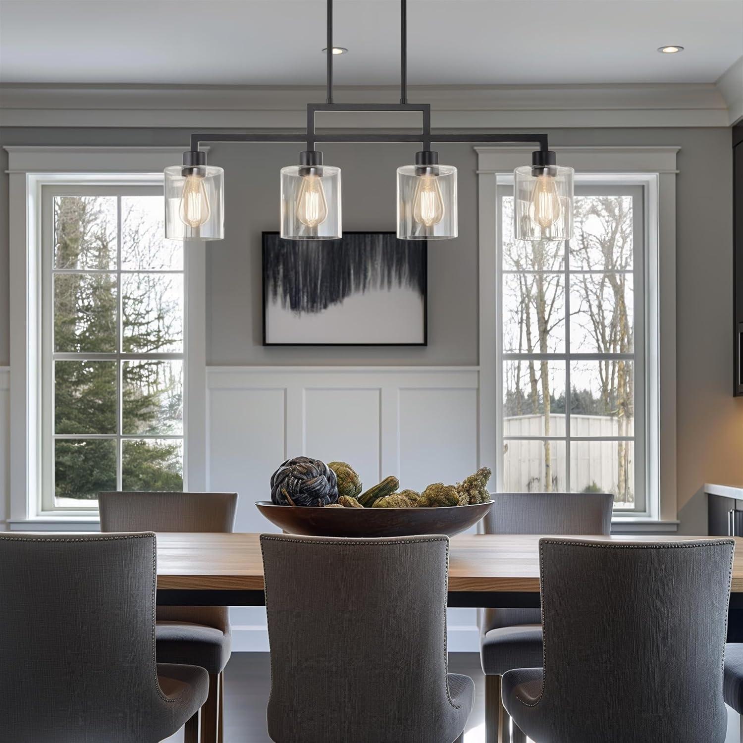 Kira Home Stratford 34" 4-Light Farmhouse Island Light + Glass Shades, Adjustable Hanging Height, Black