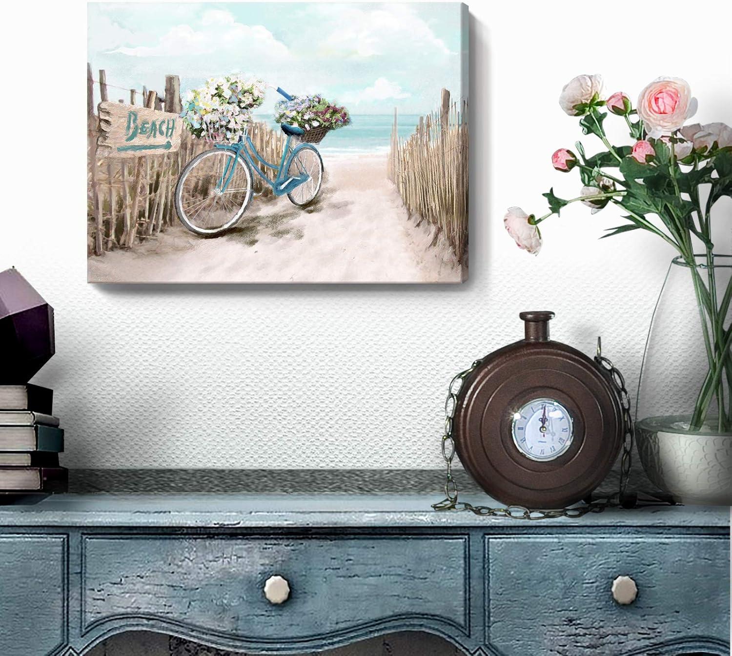 Beach Canvas Wall Art for Bathroom Ocean Pictures Seaside Bicycle Canvas Print Seascape Painting Framed Teal Aqua Blue Calming Shoreside Artwork for Modern Coastal Themed Lake Home Bedroom Décor Ready
