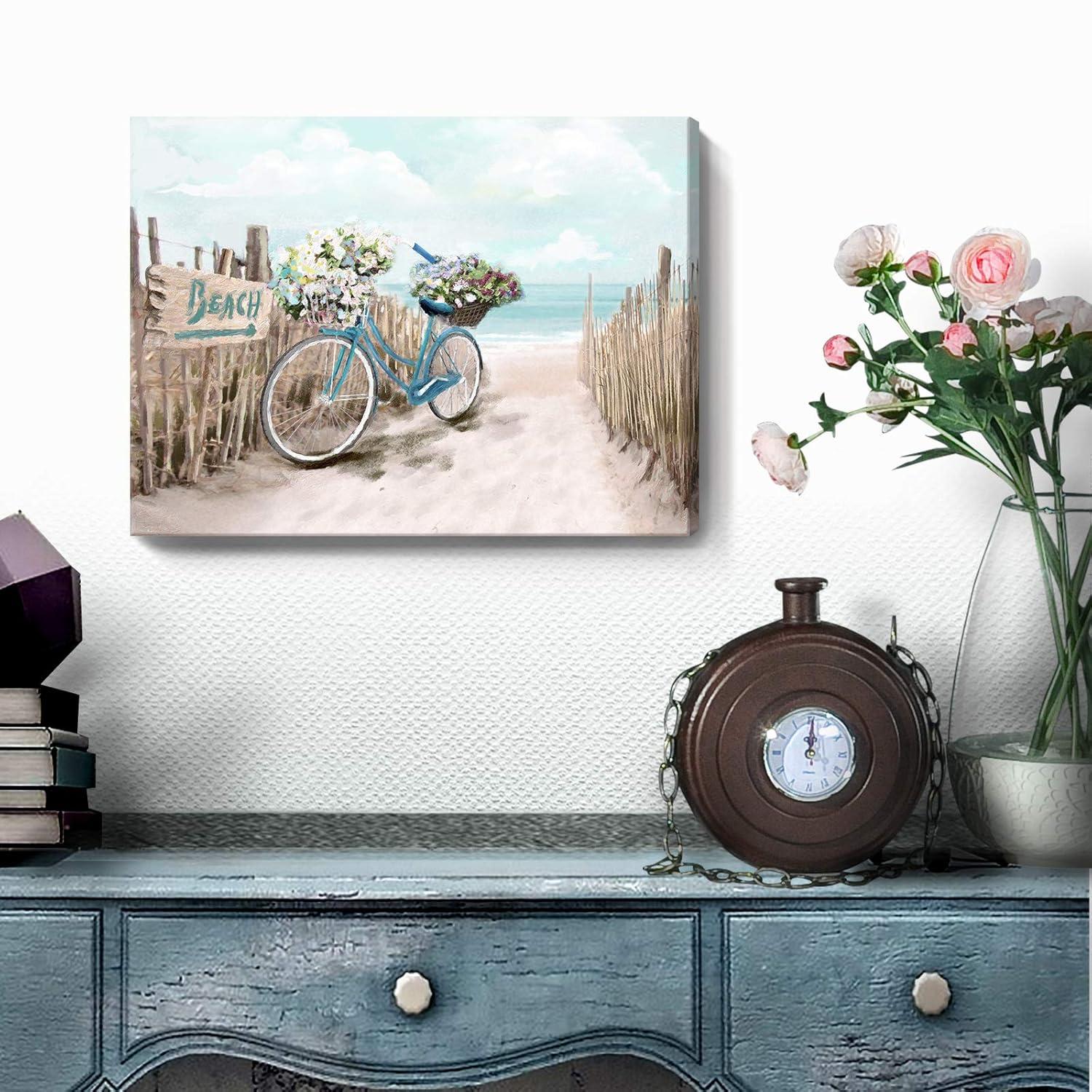 Beach Canvas Wall Art for Bathroom Ocean Pictures Seaside Bicycle Canvas Print Seascape Painting Framed Teal Aqua Blue Calming Shoreside Artwork for Modern Coastal Themed Lake Home Bedroom Décor Ready
