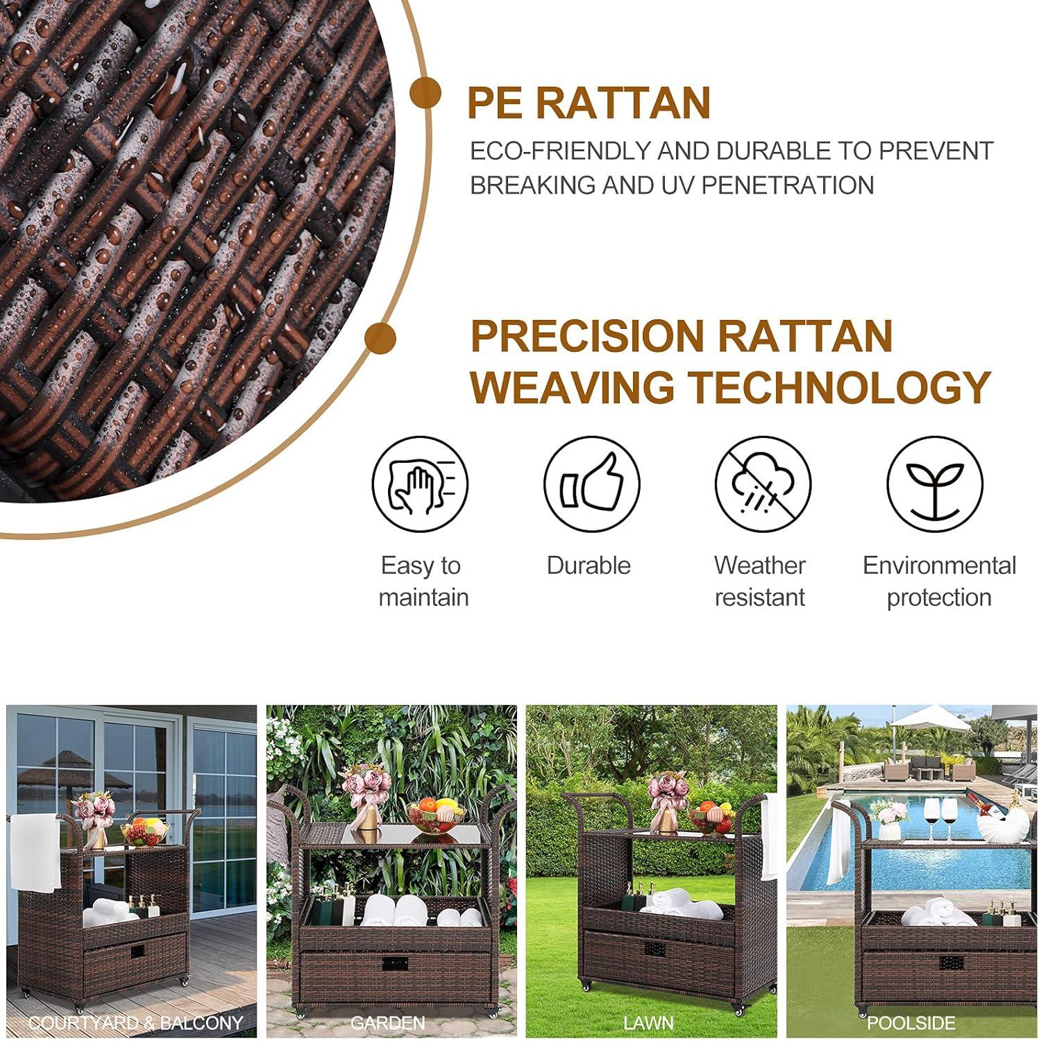 Outvita Outdoor Rolling Wicker Bar Cart, Rolling Rattan Beverage Bar Counter Table with Ample Storage Basket, Drawer and Loakable Wheels Glass Top for Patio Poolside Party