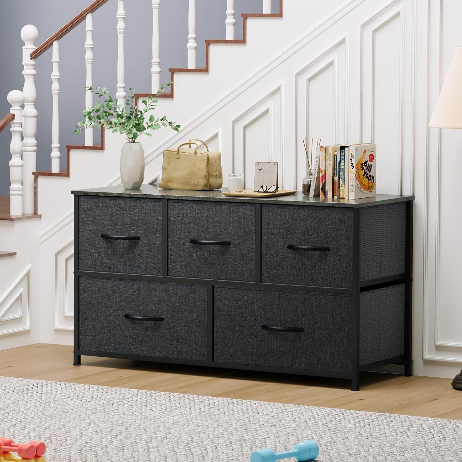 EDX 5 Drawer Dresser, Wide Chest Of Drawers Nightstand Storage Tower Storage Dresser Fabric Dresser With Wood Top for Living Room, Bedroom, Hallway,Black