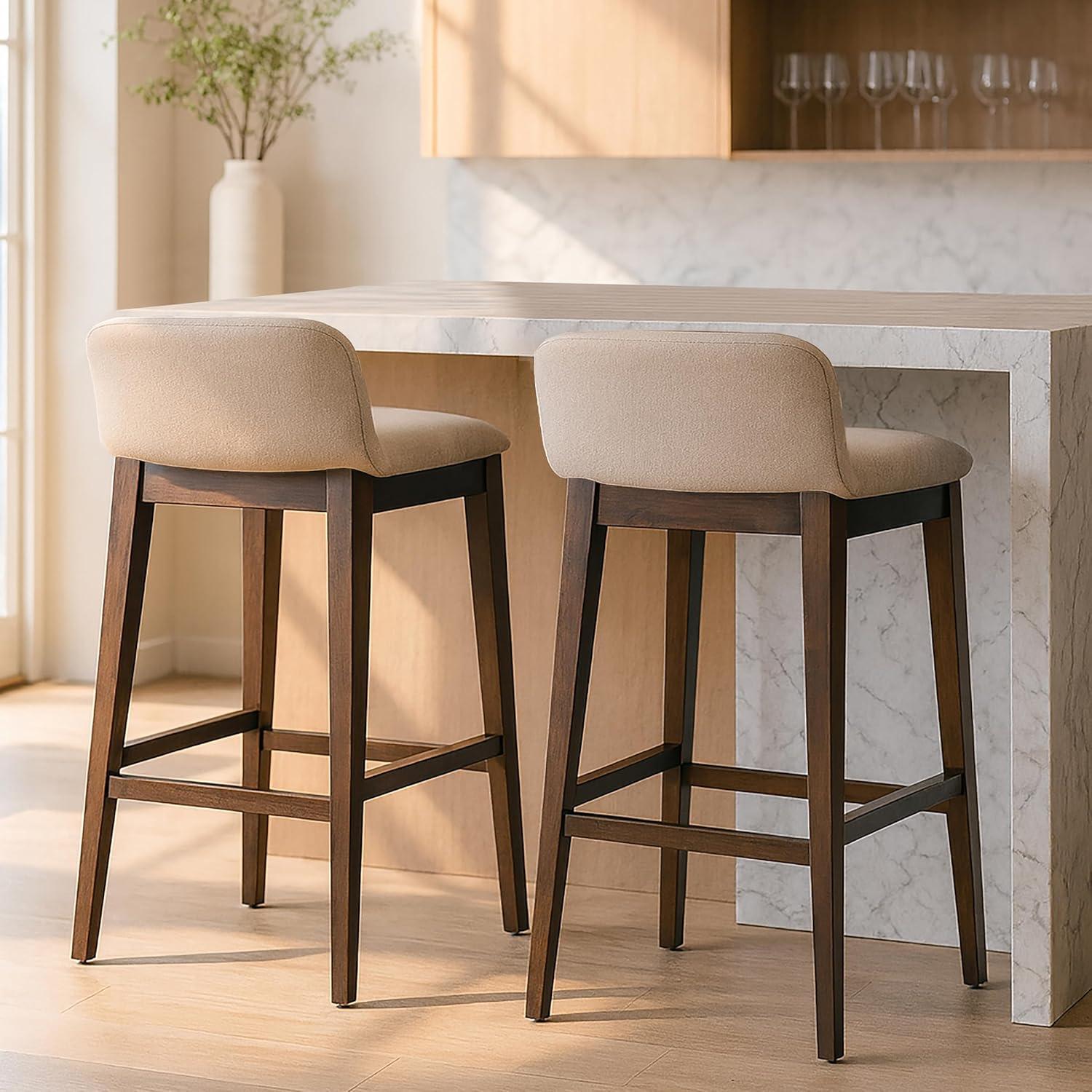 Set of 2 Atia Dark Brown Rubberwood Bar Heigh Barstool with Low Back Fabric Seat