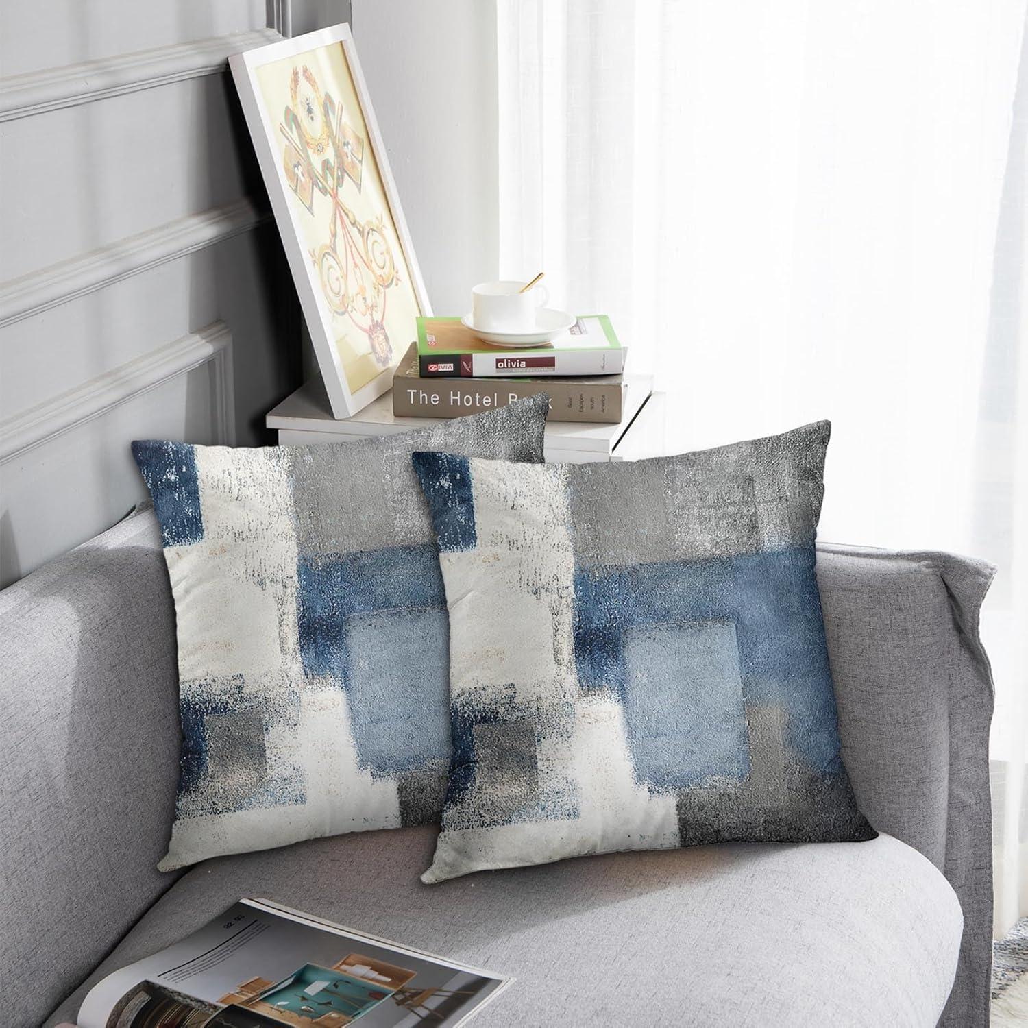 Modern Abstract Blue and Gray Polyester Throw Pillow Covers, 20x20 Inches, Set of 2