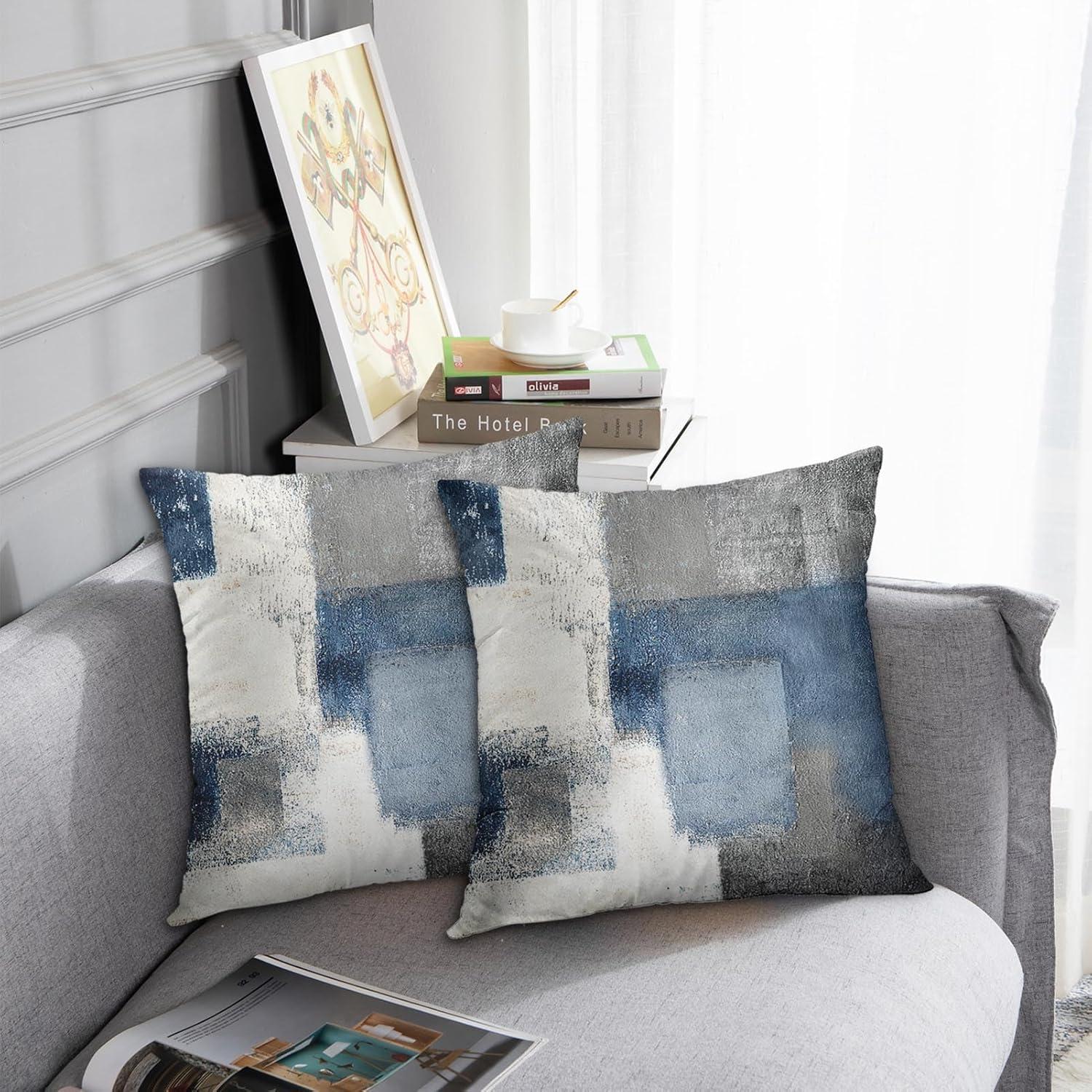 Emvency Set of 2 Blue White and Gray Throw Pillow Covers Modern Abstract Painting Decorative Sofa Pillow Cases Home Decor Standard Square 16x16 Inches Pillowcases