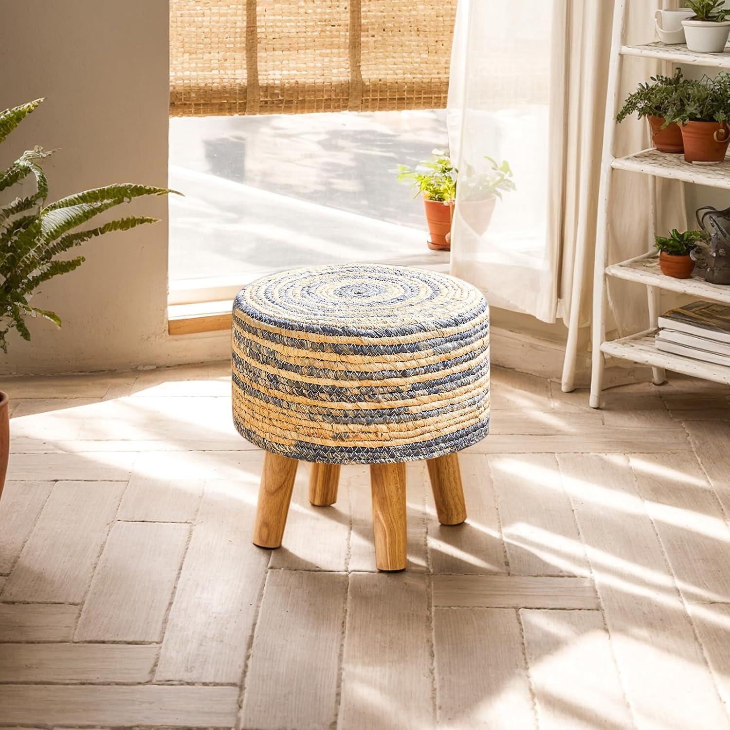 YMYNY Foot Stool Natural Seagrass Hand Weave, 12.6" Small Ottoman, Round Footrest for Living Room, Bedroom, Entryway, Change Shoes Stool, Non-Skid Wood Legs, Boho, Blue+White UHBD027QW