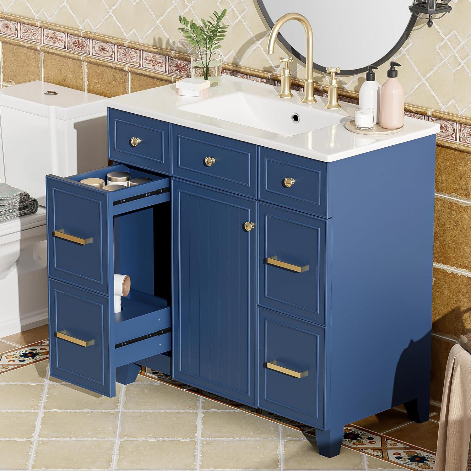 Miekor Furniture 36" Bathroom Vanity Cabinet with Sink Top Combo Set, Navy Blue, Single Sink, Shaker Cabinet with Soft Closing Door and Drawer W5UE-1