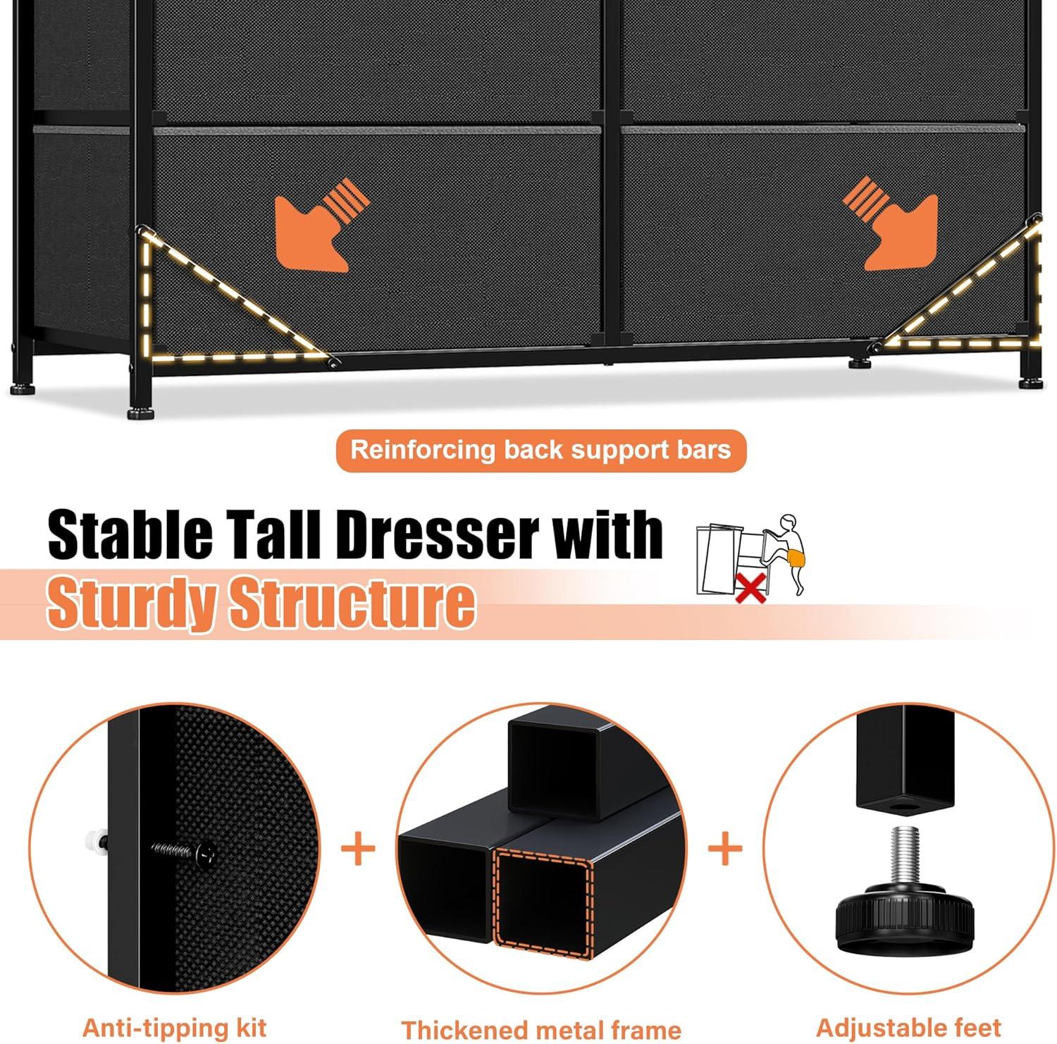 U-SHARE Dresser for Bedroom with 12 Drawers, Tall Dressers for Bedroom Black Dressers & Chests of Drawers for Closet, Living Room, Wood Top, Metal Frame Black