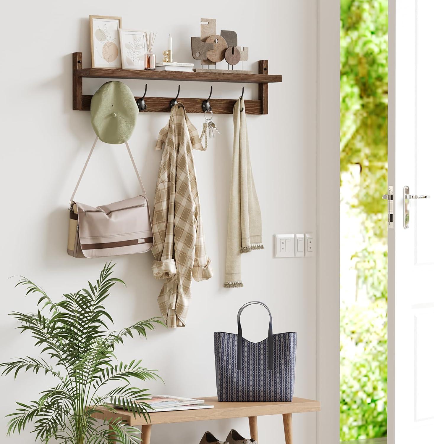 AMBIRD 28.9 Inch Length Shelf with Hooks Entryway Coat Rack Wall Mount Wood Coat Hooks with Shelf Wall-Mounted Coat Hook Rack with 5 Dual Hooks for Bathroom, Living Room, Bedroom (Brown)