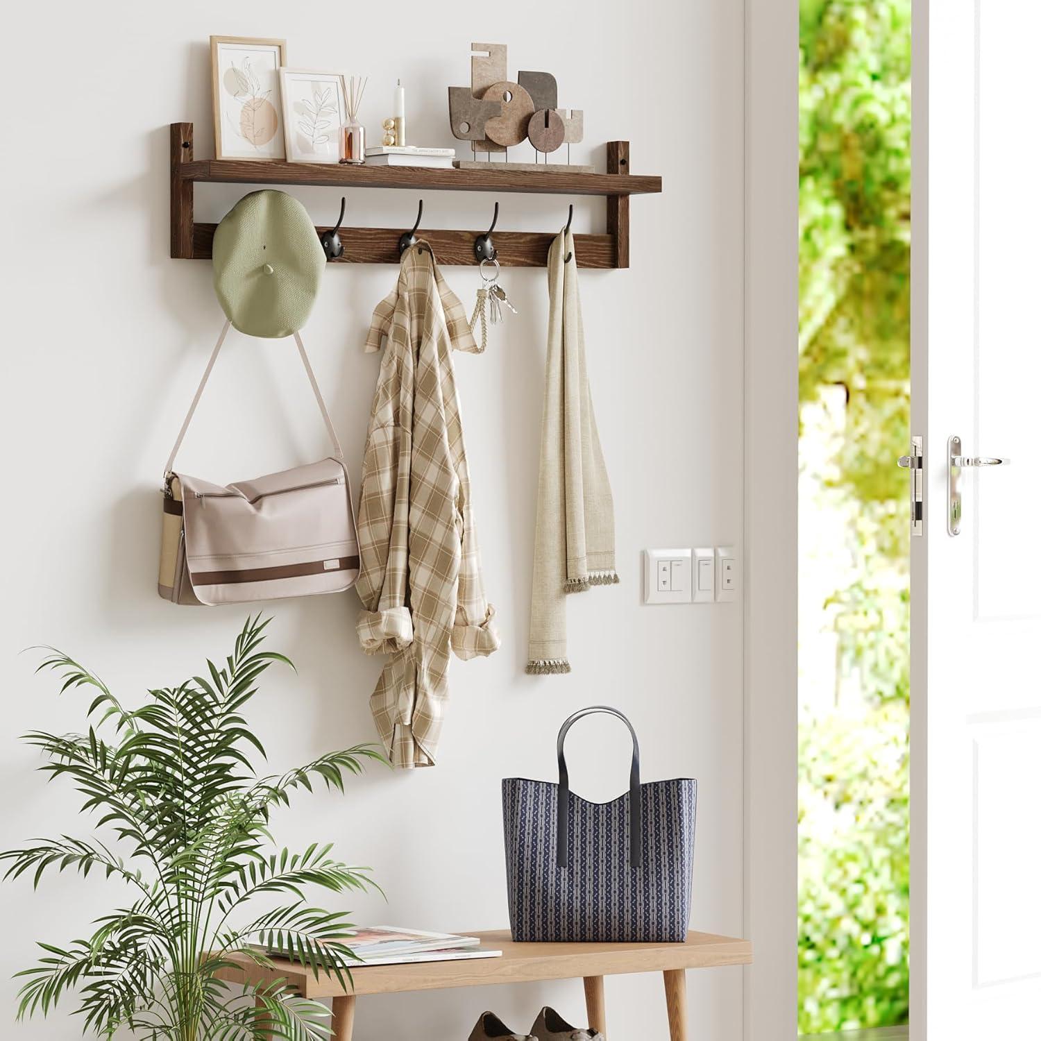 AMBIRD 28.9 Inch Length Shelf with Hooks Entryway Coat Rack Wall Mount Wood Coat Hooks with Shelf Wall-Mounted Coat Hook Rack with 5 Dual Hooks for Bathroom, Living Room, Bedroom (Brown)