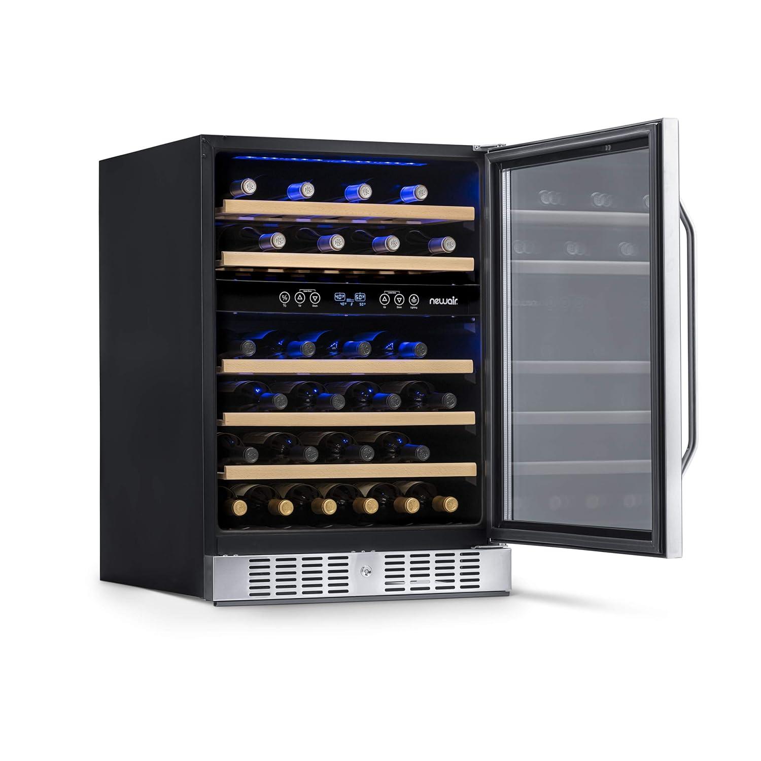 Newair 24” Built-in 46 Bottle Dual Zone Wine Cooler with Removable Beechwood Shelves in Black Stainless Steel