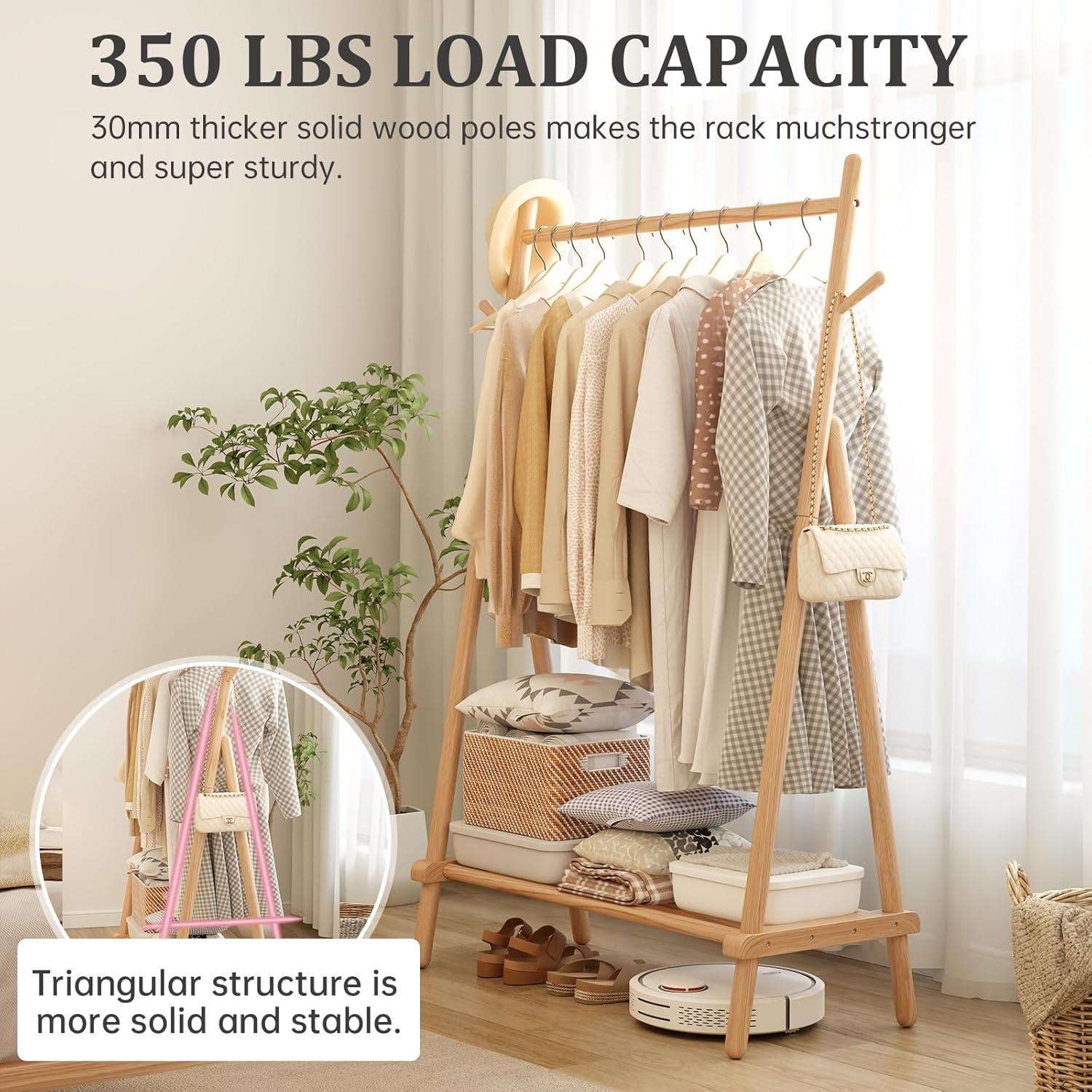Rebrilliant Solid Wood Clothes Rack, Clothing Rack With Shelf And Hook, Sturdy And Portable, Garment Rack For Hanging Clothes,Coats,Skirts,Shoes,Bags,Easy To Assemble (Natural)