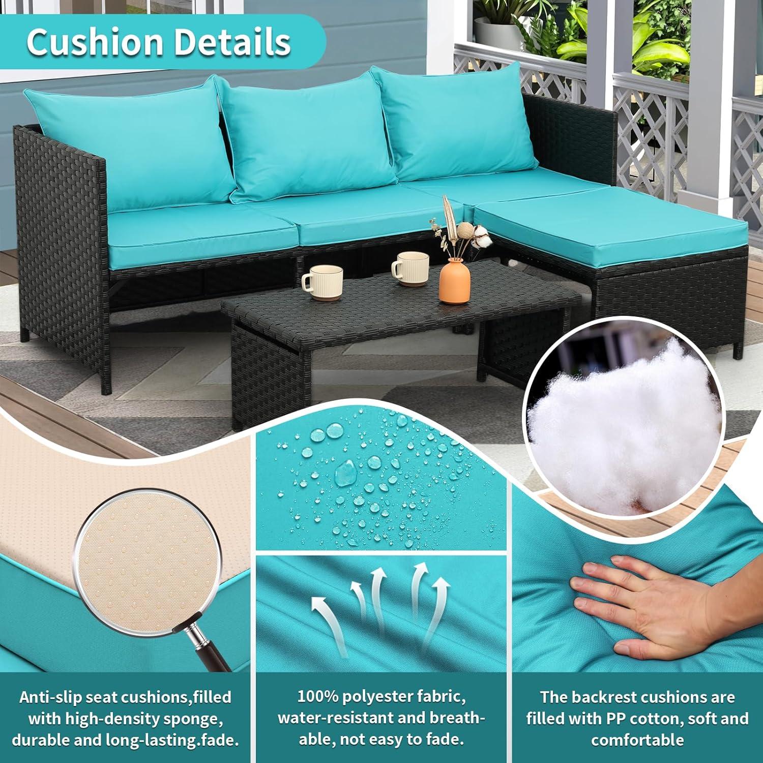 Valita 3-Piece Outdoor PE Rattan Furniture Set Patio Black Wicker Conversation Loveseat Sofa Sectional Couch Turquoise Cushion