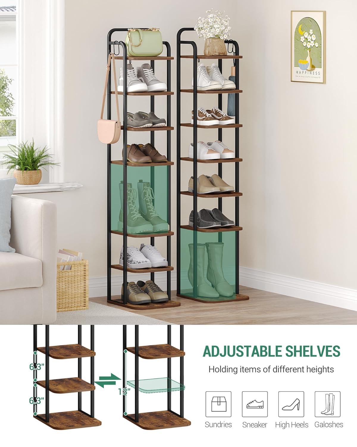 17 Stories Vertical Shoe Rack, Shoe Shelves, Wood Shoe Organizer For Closet, Entryway, Shoe Tower For Small Spaces, Free Standing, Adjustable, With 2 Hooks, 6 Tier Rustic Brown