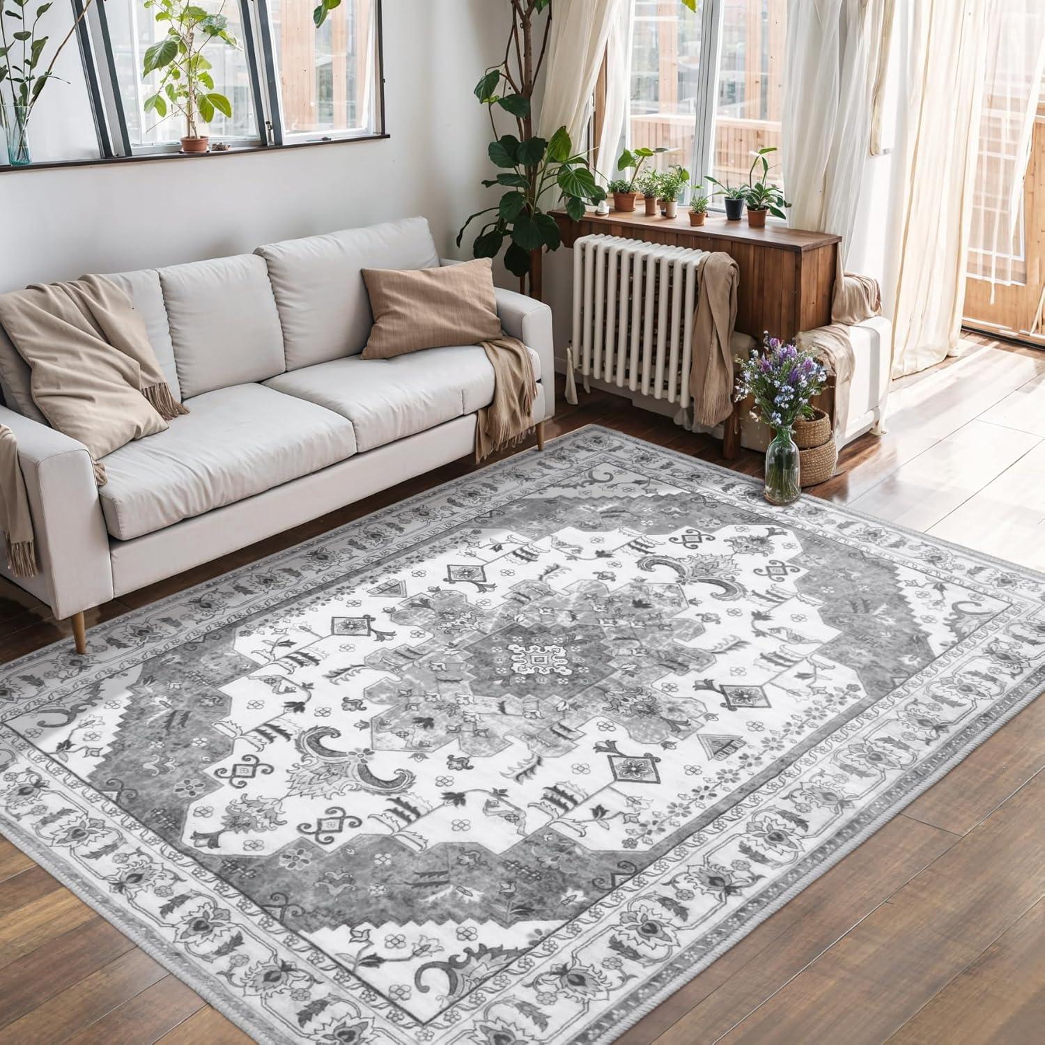 Gray 5' x 7' Vintage Washable Non-Slip Area Rug