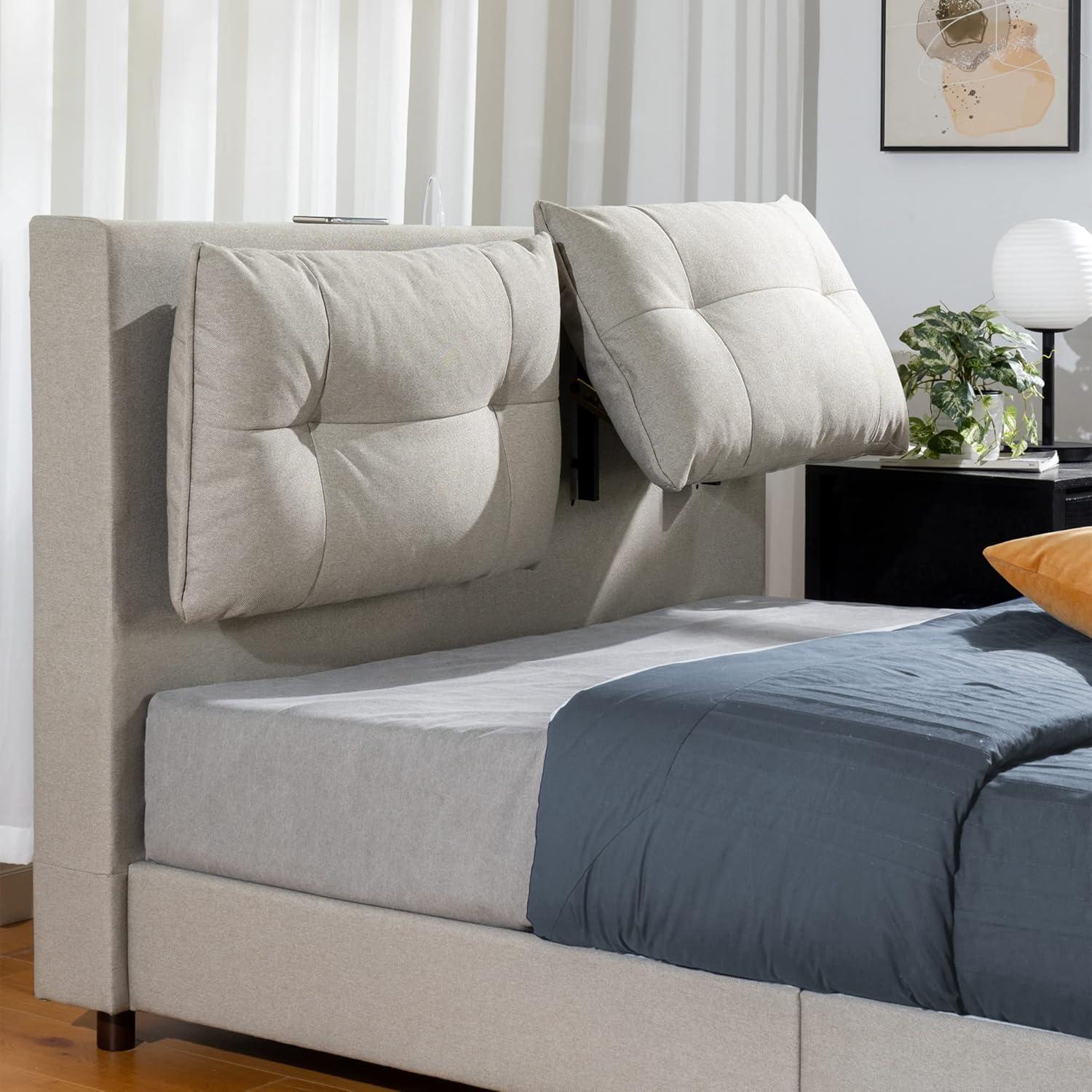 Zinus 39" Avery Platform Bed, Reclining Fabric Headboard and USB Ports, Beige, King