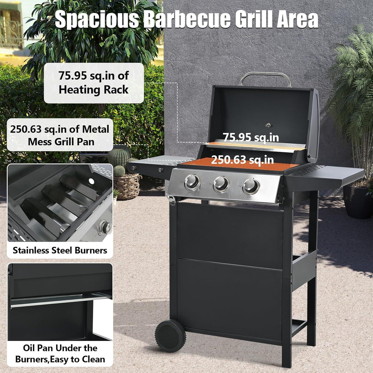 3-Burner Propane Grill with Top Cover Lid, Wheels, Side Tables, Built-in Thermometer, Stainless Ste