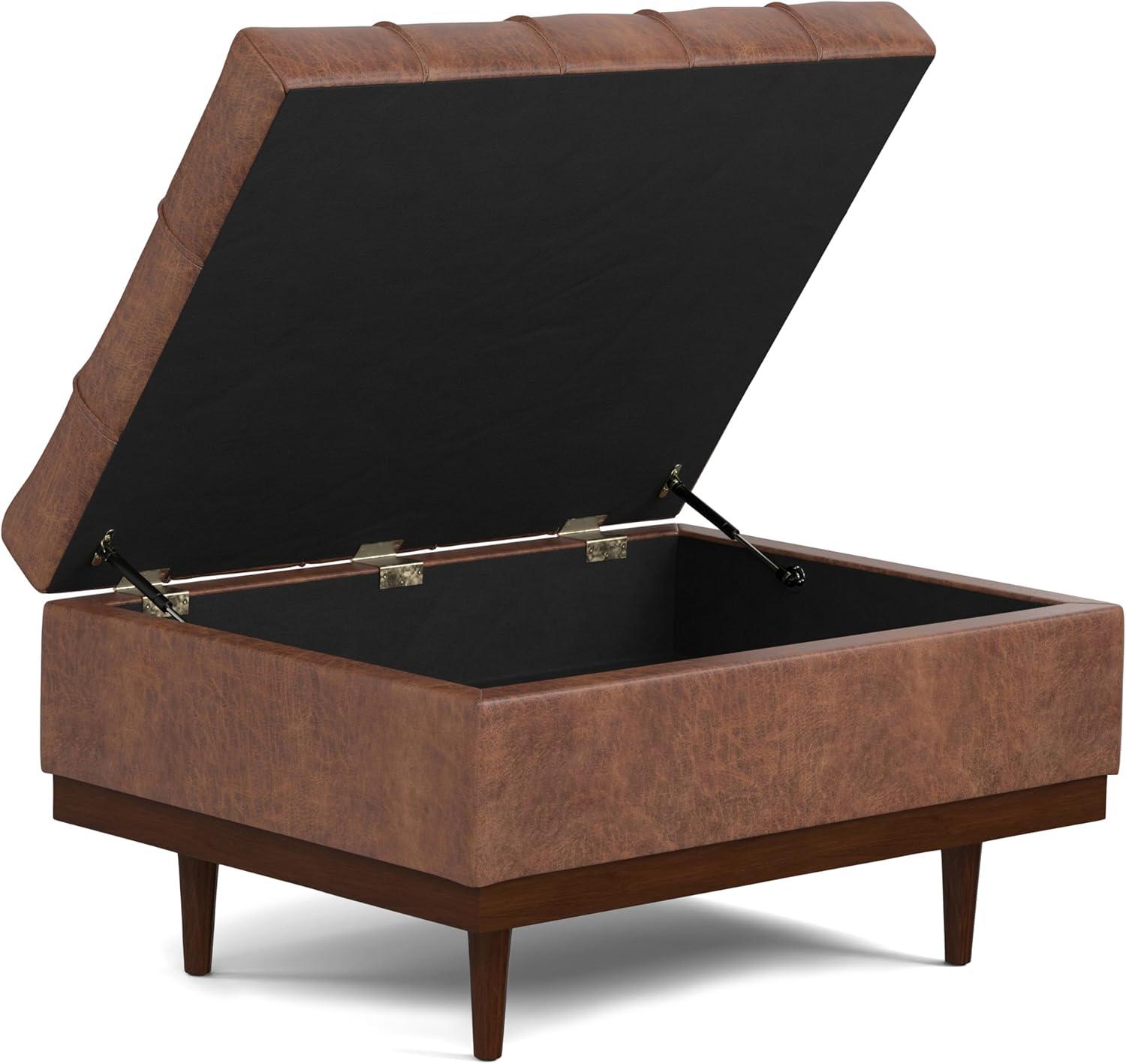 Simpli Home Mariah 34 inch Wide Contemporary Rectangle Coffee Table Storage Ottoman in Distressed Saddle Brown Vegan Faux Leather