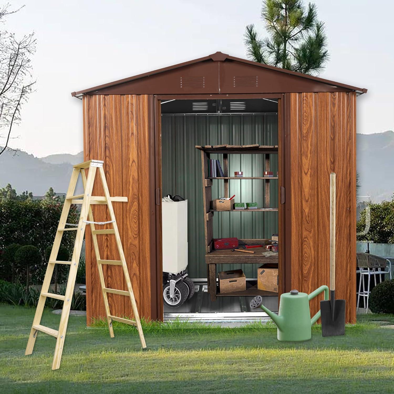 6 x 6FT Brown Aluminum Sliding Door Outdoor Storage Shed