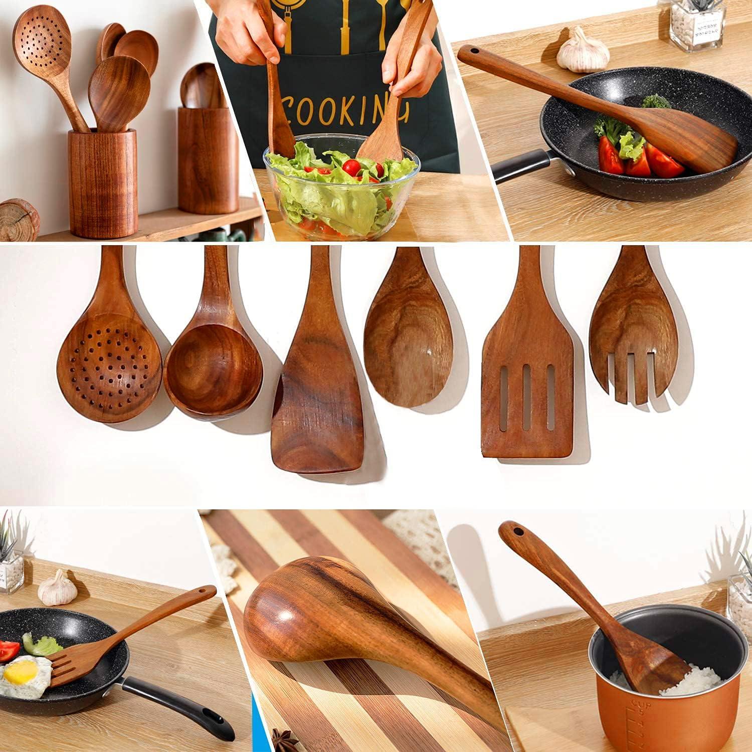 Wooden Spoons for Cooking,10 Pcs Natural Teak Wooden Kitchen Utensils Set Wooden Utensils for Cooking Wooden Cooking Utensils Wooden Spatulas for Cooking