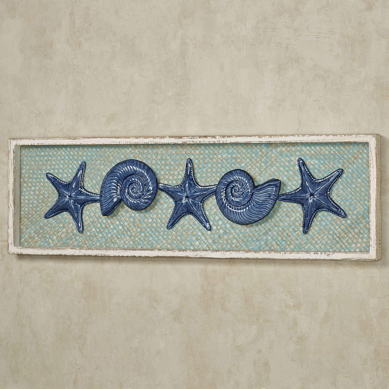 Coastal Whitewashed Fir Wood Framed Wall Art with Blue Starfish and Shells