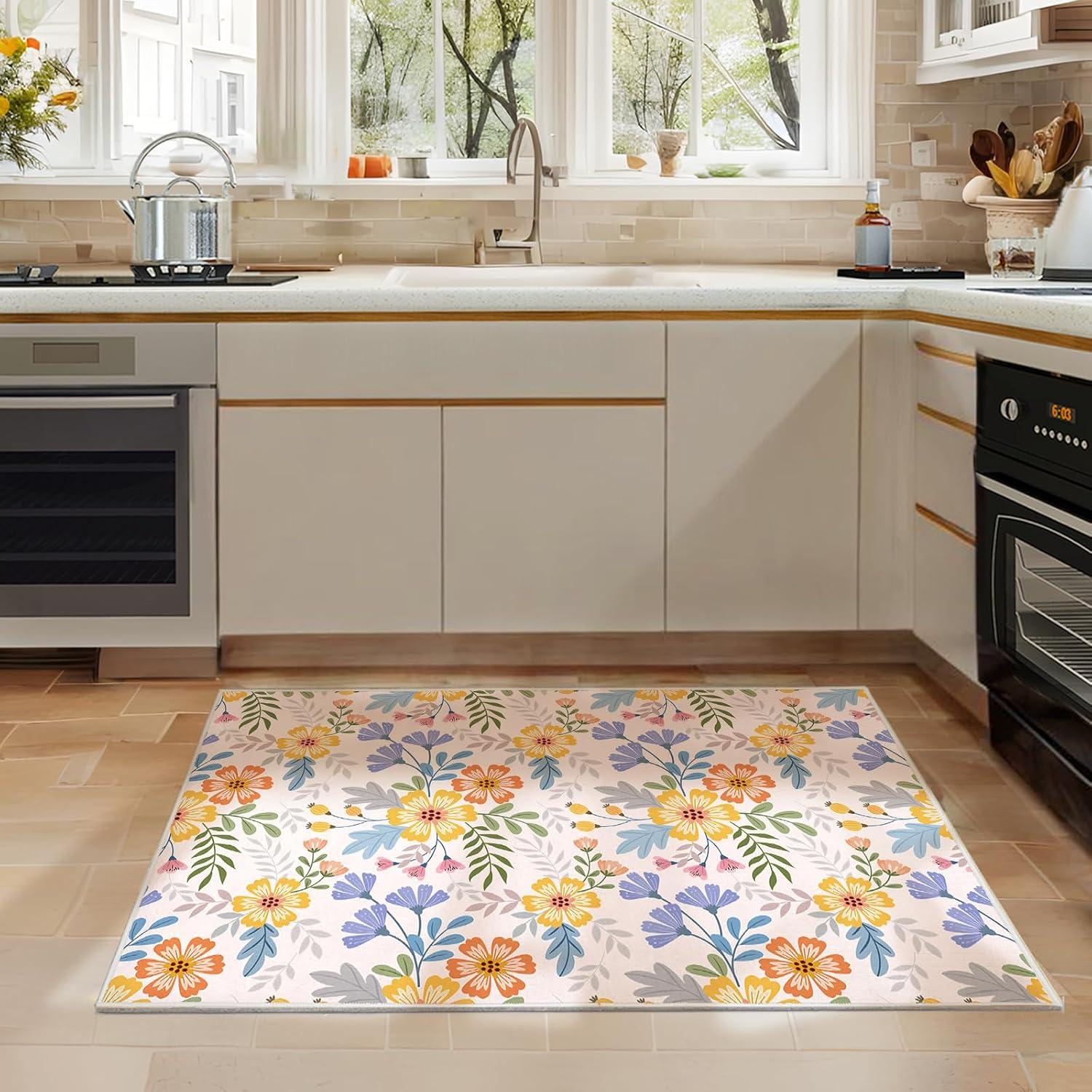 Boho Floral Small Area Rug Entryway Rug Doormat 2x3 Rug Machine Washable Non-Slip Low Pile Throw Rugs for Indoor Front Entryway, Kitchen, Bathroom, Entry,Kids Room-Purple