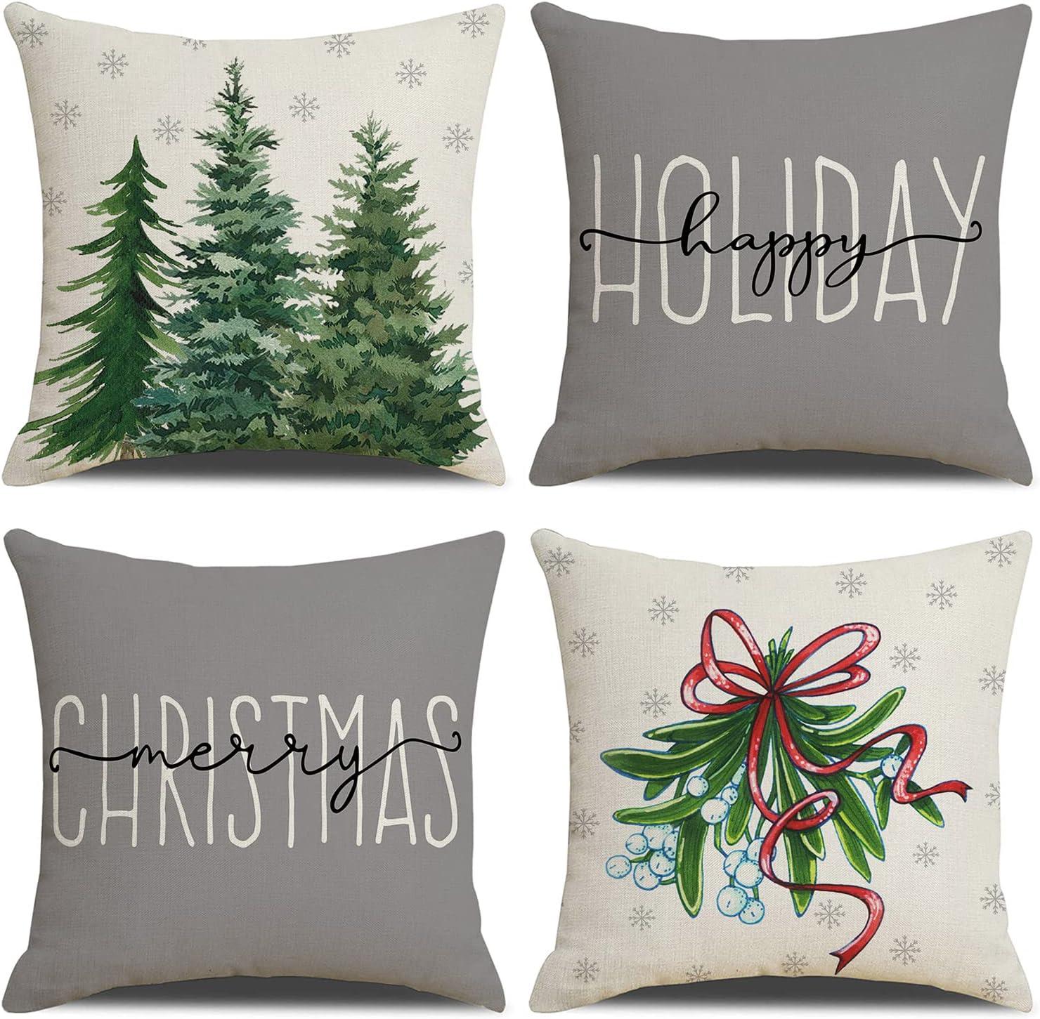 Gray and White Christmas Tree Truck Pillow Covers Set of 4