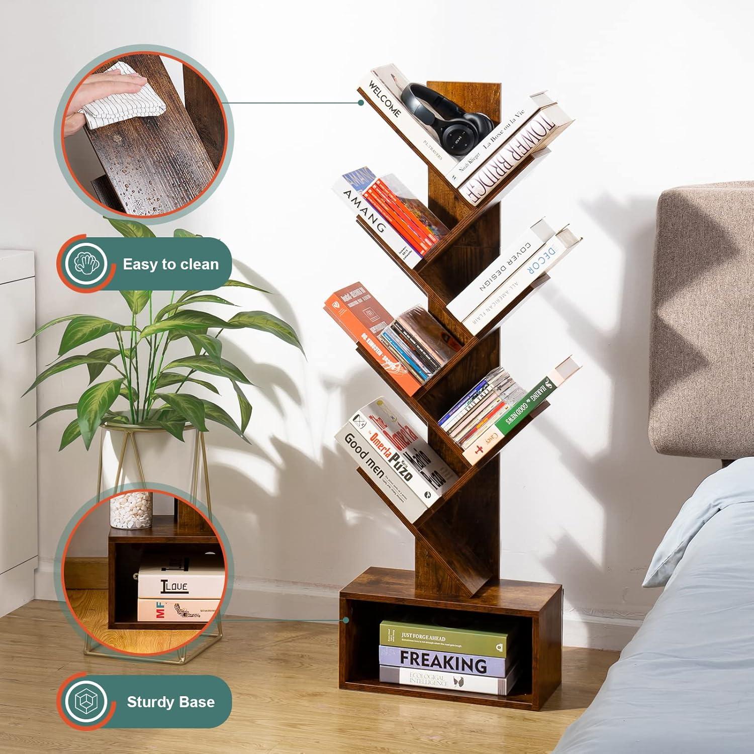 6 Tier Tree Bookshelf - Modern Shelf Floor Standing Bookcase with Baskets, Tall Wood Book Storage Rack for Books/CDs, Tree Utility Book Organizer Shelves for Living Room, Home Office, Bedroom