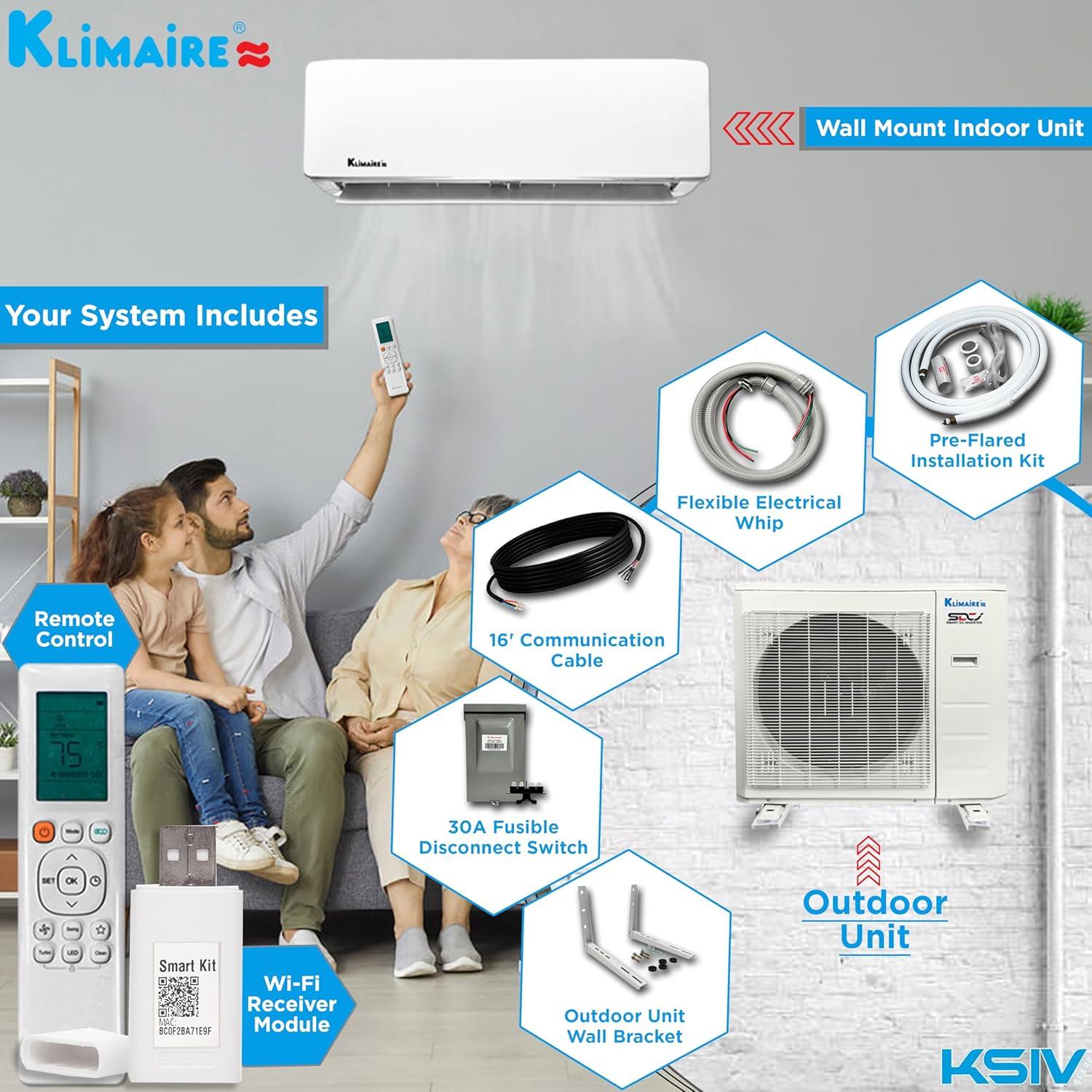 Klimaire 36,000 BTU 17.5 SEER2 Wi-Fi-Enabled Ductless Mini-Split Heat Pump Air Conditioner with Installation Kit, Up to 2,400 Sq. Ft