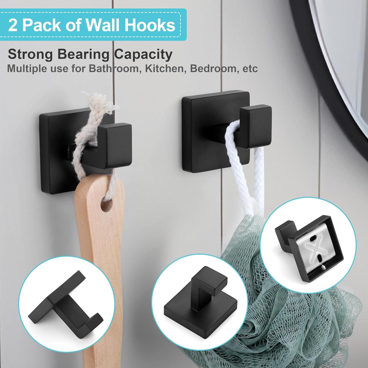 5 Pieces Square Matte Black Stainless Steel Bathroom Accessories Set Include 23.6 in Towel Bar, Toilet Paper Holder, Towel Ring, 2 Robe Towel Hooks