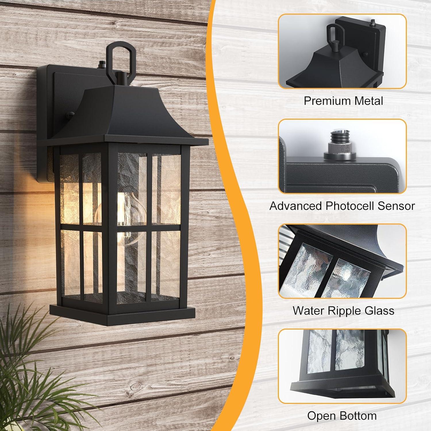 RIZPET 2-Pack Dusk To Dawn Outdoor Wall Lights, Sensor Exterior Light Fixtures Wall Mount, Porch Lights, Black Wall Lantern Wall Lamp, Waterproof Wall Sconce, Outside Lighting For Garage, Front Door (Set of 2)