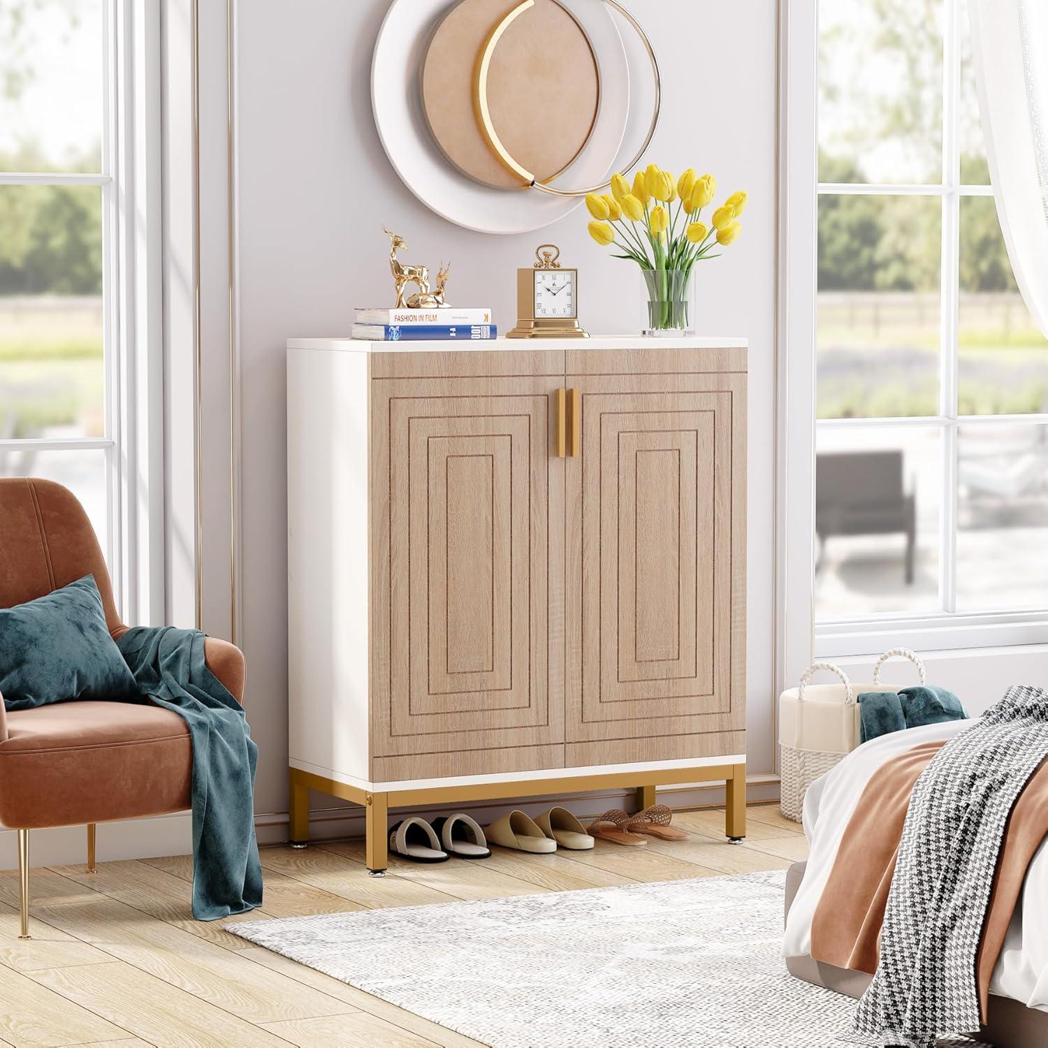 White and Natural 5-Tier Shoe Cabinet with Geometric Doors