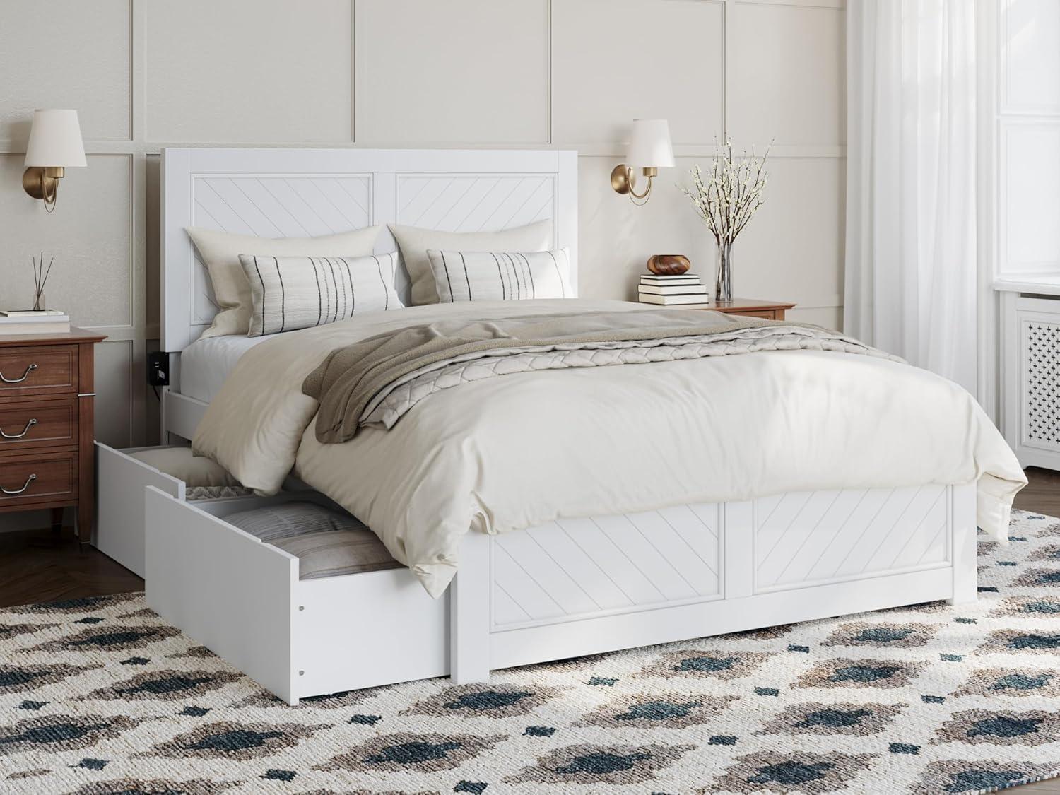 Canyon White Full Wood Platform Bed with Storage Drawers