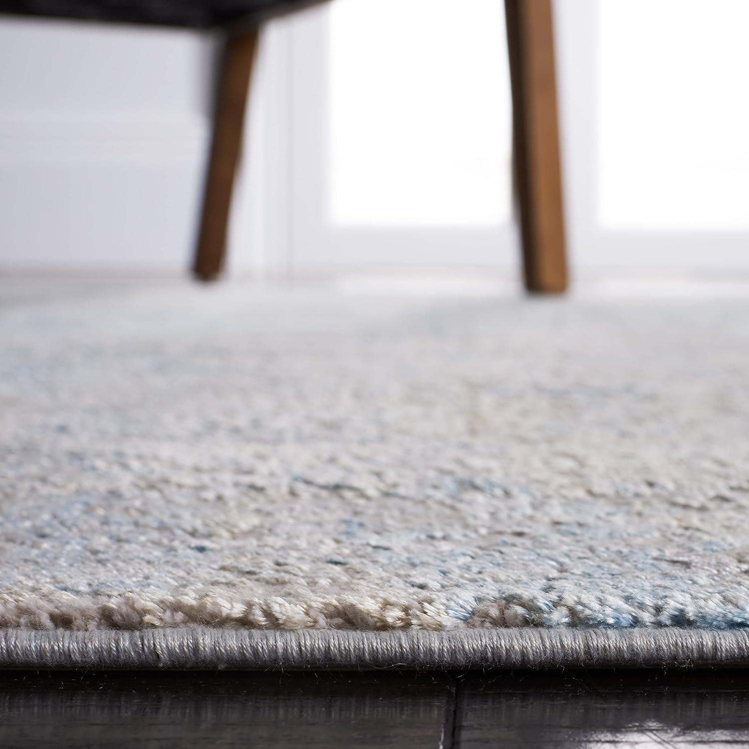 Gray and Blue Hand-Knotted Wool and Viscose Runner Rug