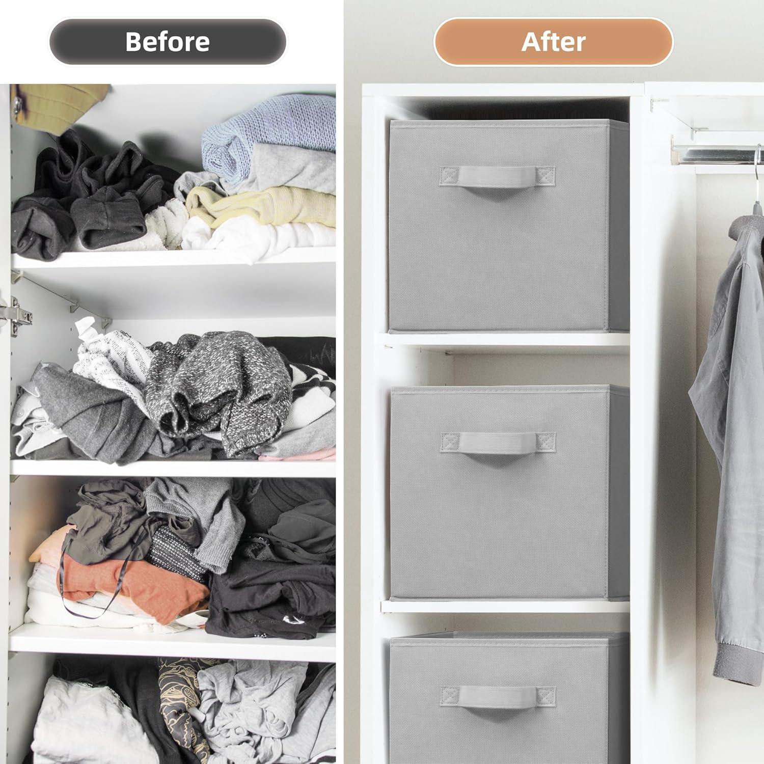 11 Inch Fabric Storage Cubes with Dual Handles, Collapsible Cube Bins for Shelves (10 Pack), Foldable Baskets for Clothes, Closet Organizers and Storage Box (Grey)