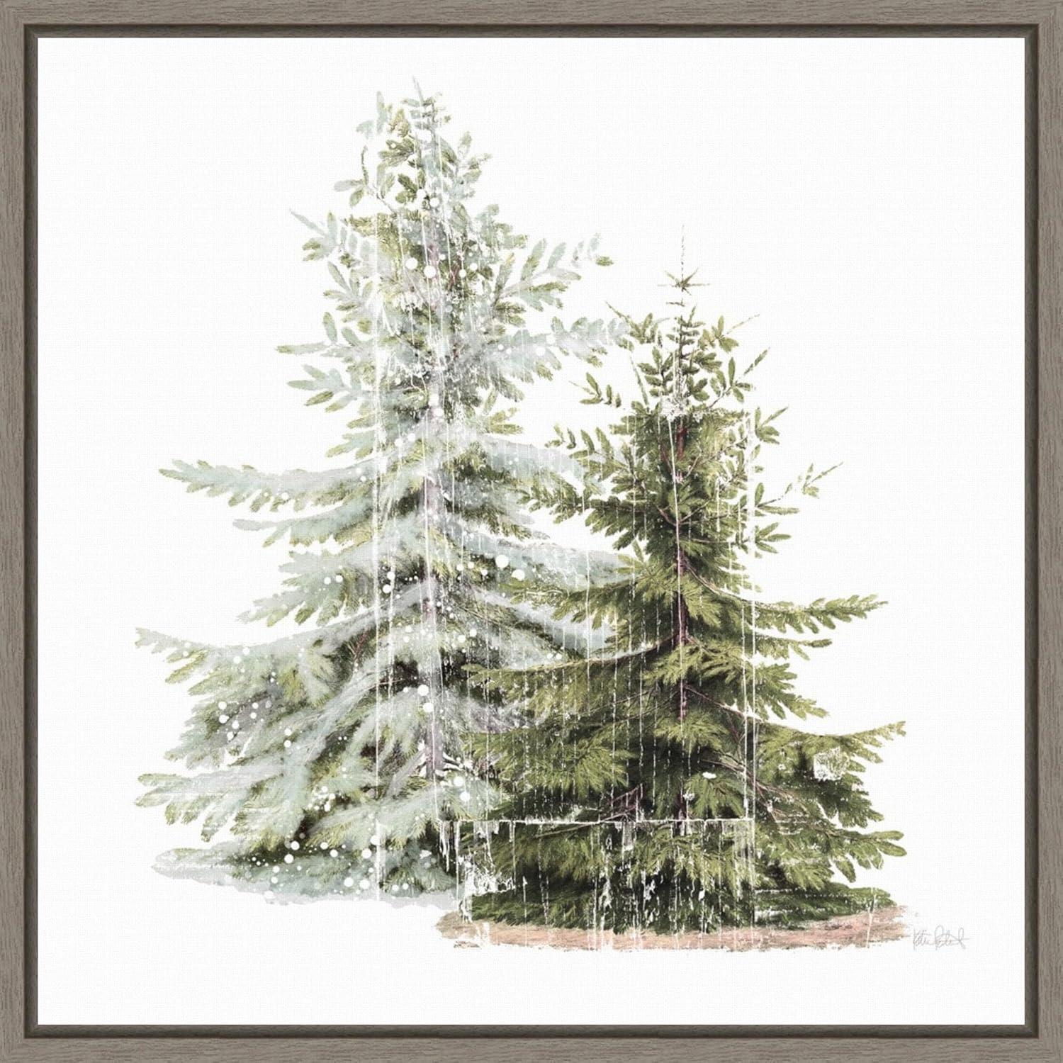 22" x 22" Vintage Wooded Holiday Trees in Snow Framed Wall Canvas Brown - Amanti Art