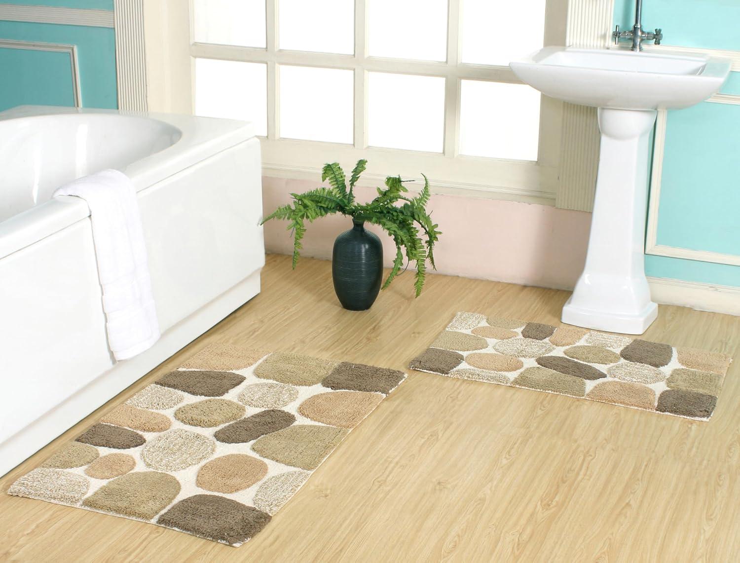 Pebble Pattern Beige and Brown Cotton Bath Rug Set