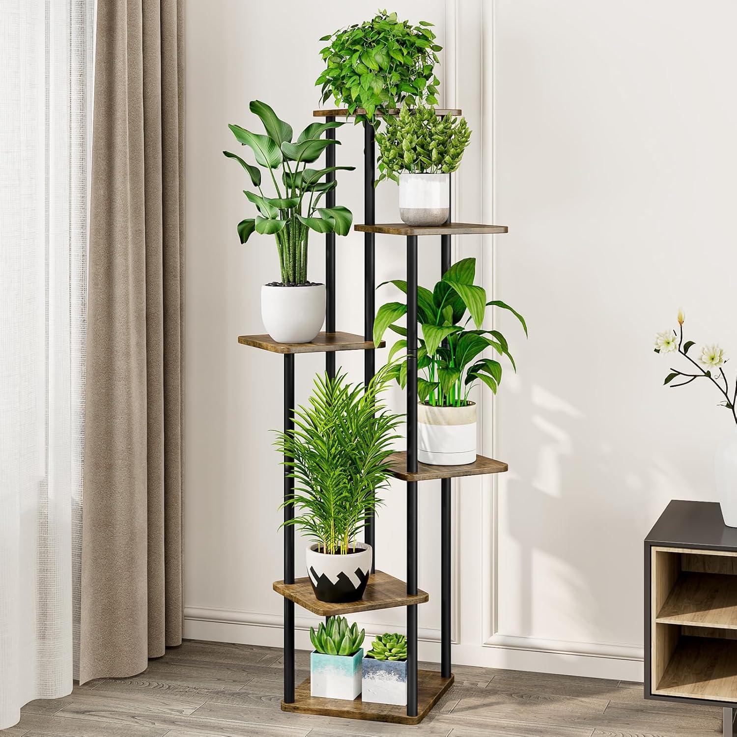 Black and Brown 6-Tier Metal and MDF Indoor Plant Stand