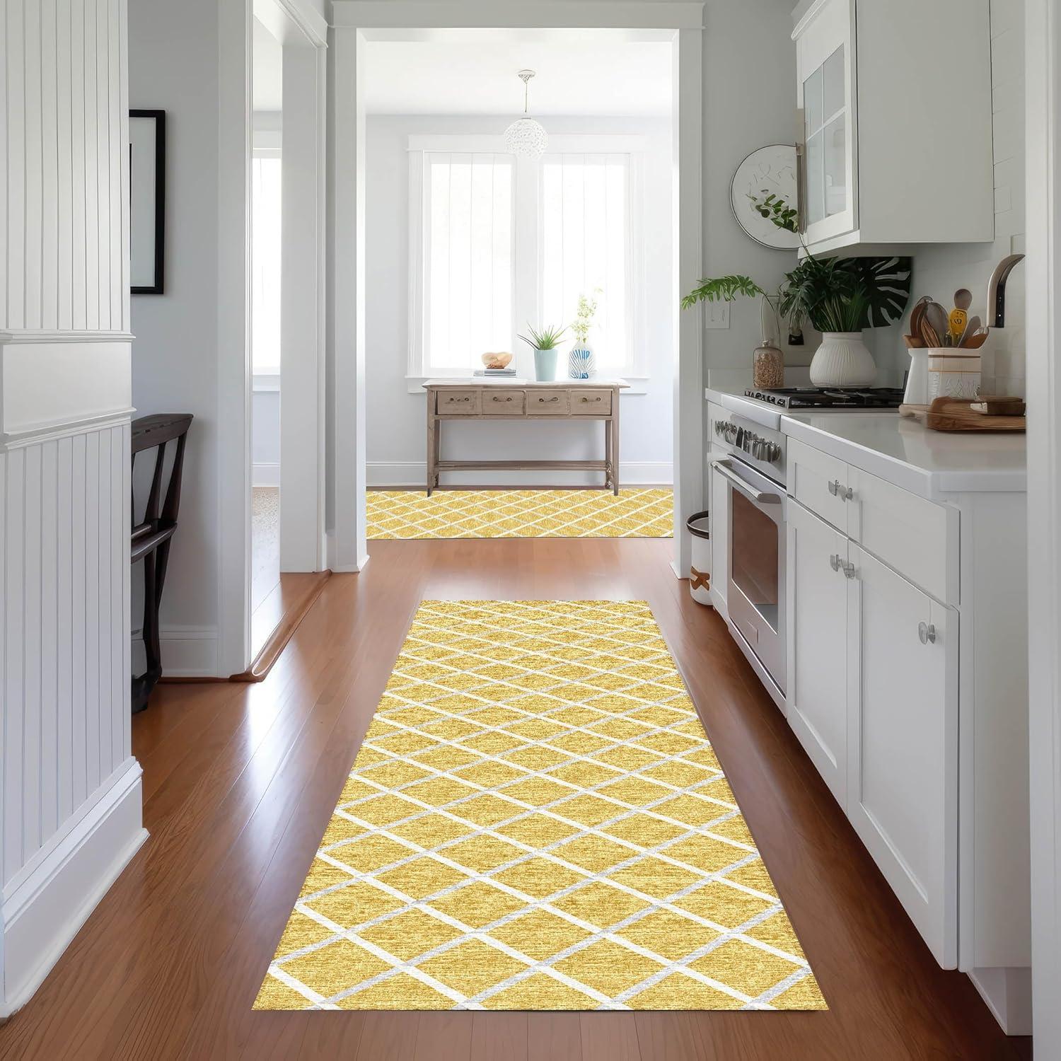 Gold and White Flat Woven Chenille Hallway Runner Rug