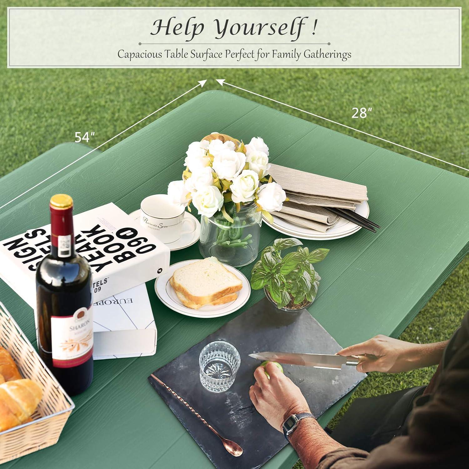 Giantex Picnic Table Bench Set Outdoor Camping All Weather Metal Base Yard Pool Dining Party Garden Patio Lawn Deck Large Camping Table (Green)