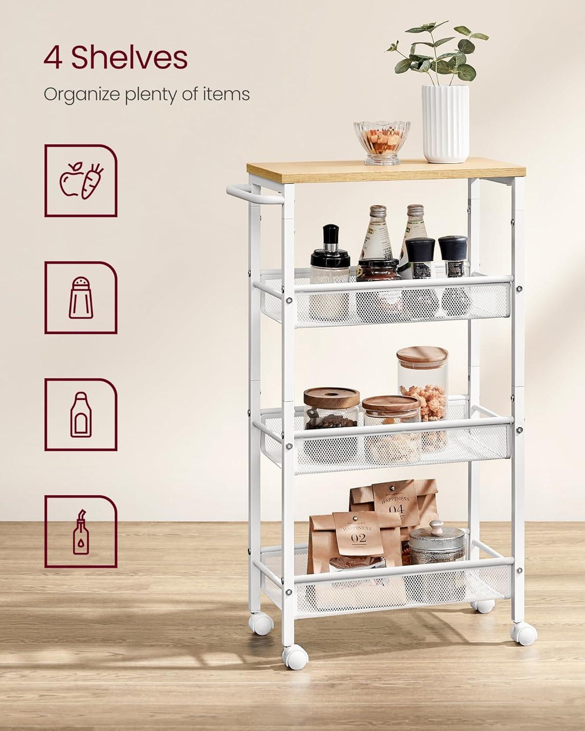 Oak Beige and White 4-Tier Industrial Kitchen Cart with Storage