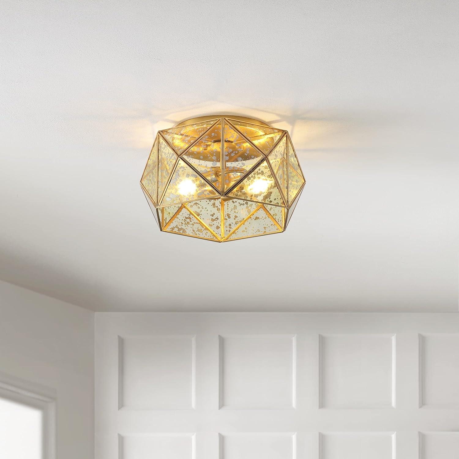 JONATHAN Y JYL9927A Violet 12.5" 2-Light Industrial Vintage Iron/Glass LED Flush Mount Farmhouse Modern 2700K Cozy Warm Light Kitchen Hallway Bathroom Stairwell Entryway Foyer, Brass Gold