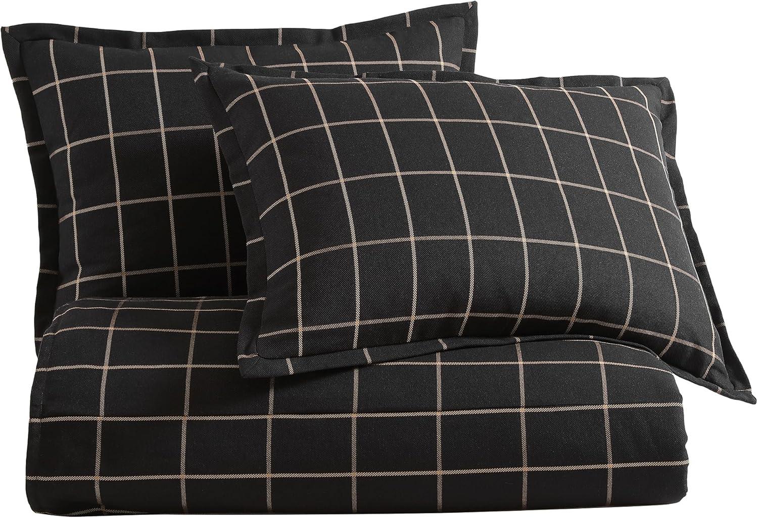 Super King Black Cotton Windowpane Plaid Duvet Cover Set