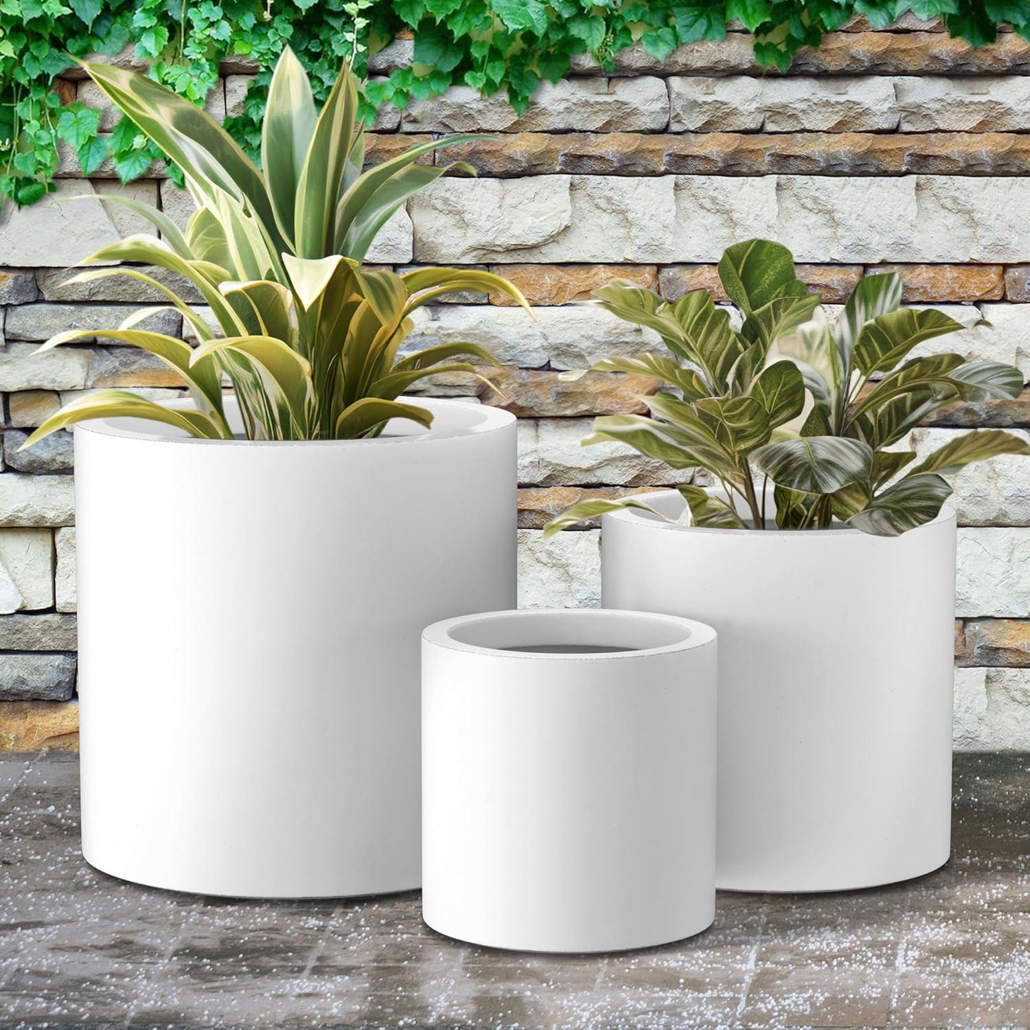 Set of 3 Modern Cylindrical Lightweight Concrete Outdoor Planters Pure White - Rosemead Home & Garden, Inc.