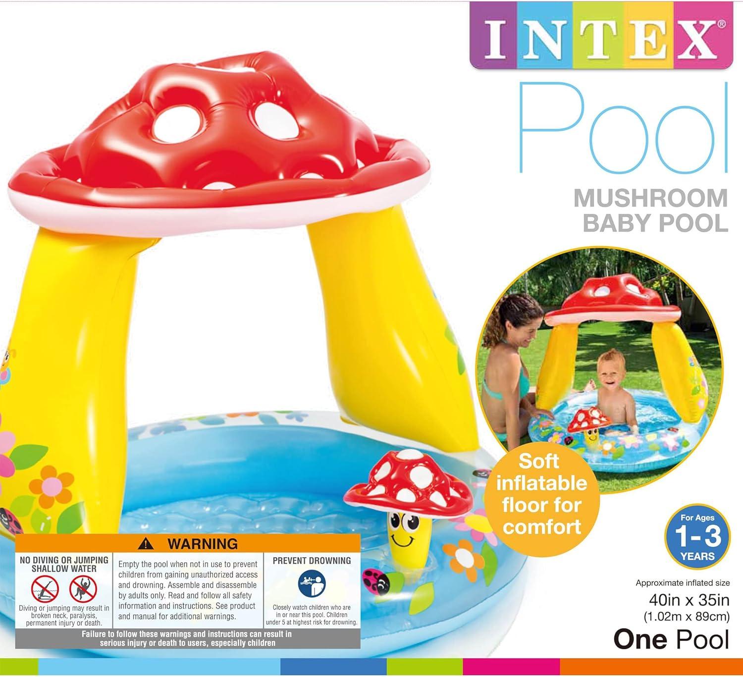 INTEX 57114EP Mushroom Baby Pool: Built-In Mushroom Shade – Soft Inflatable Floor – Durable Vinyl – Ages 1-3 – 40" x 35"