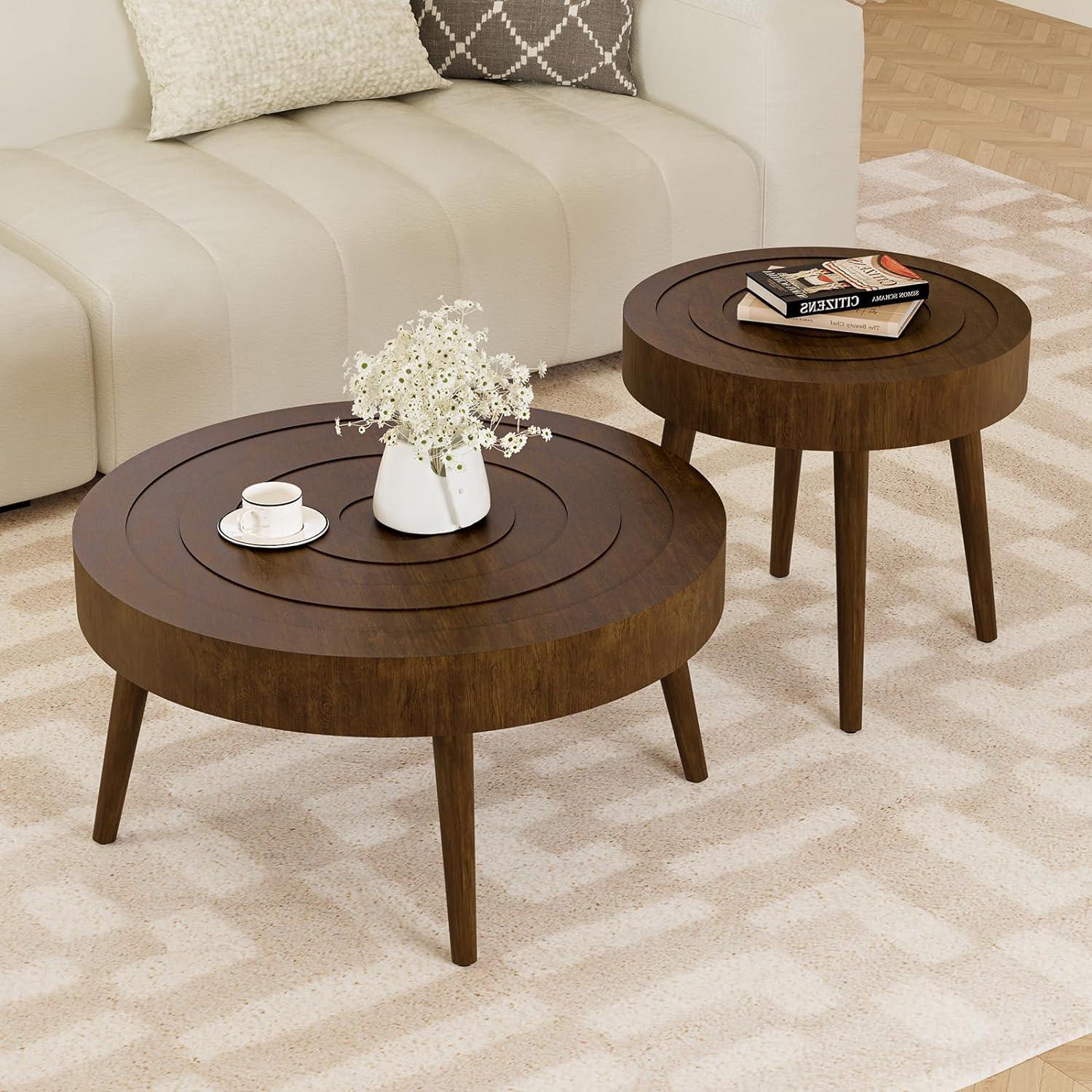 Round Walnut Wood Nesting Coffee Table Set